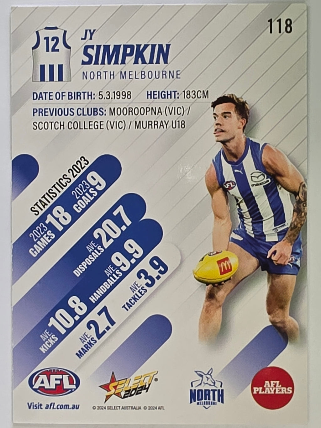 AFL 2024 Footy Stars | Base Card #118 | J. SIMPKIN | North Melbourne