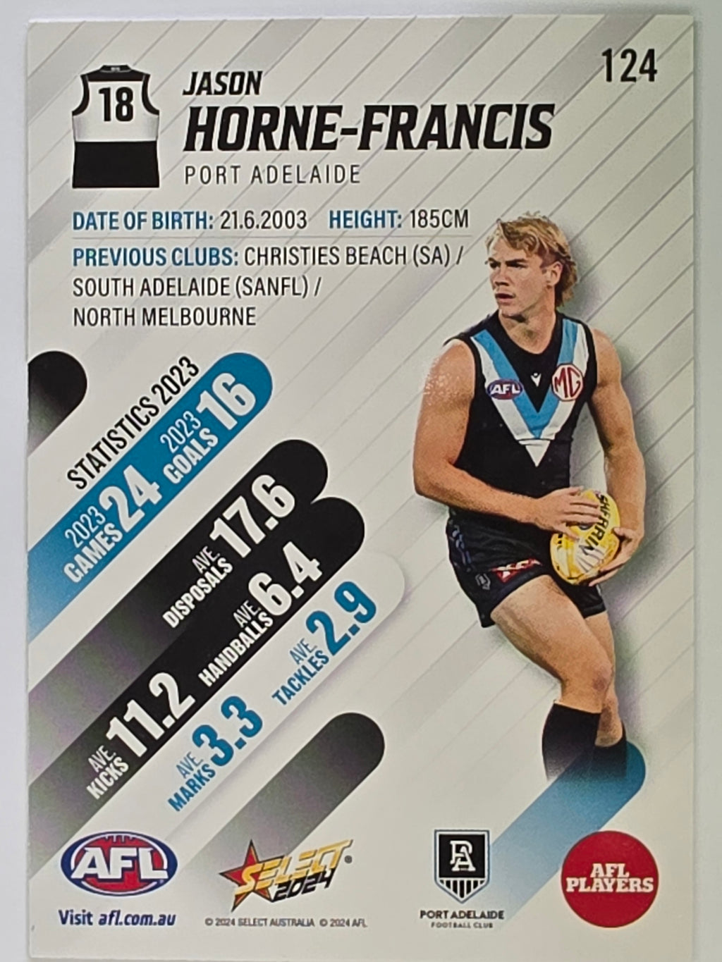 AFL 2024 Footy Stars | Base Card #124 | J. HORNE-FRANCIS | Port Adelaide