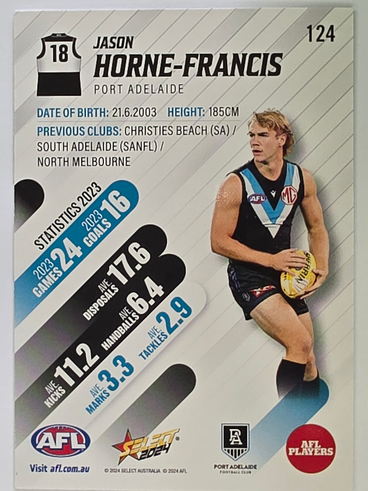 AFL 2024 Footy Stars | Base Card #124 | J. HORNE-FRANCIS | Port Adelaide