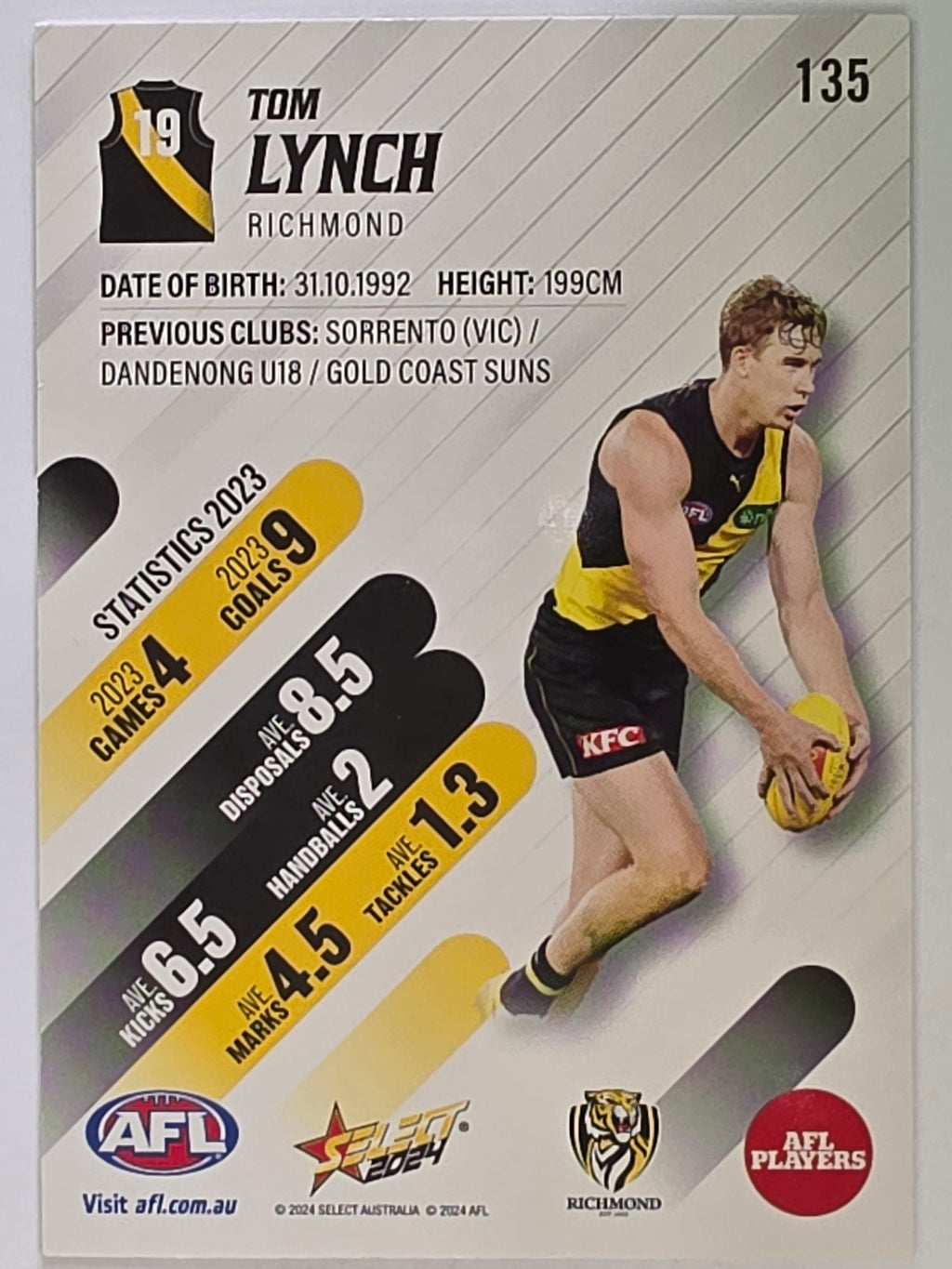 AFL 2024 Footy Stars | Base Card #135 | T. LYNCH | Richmond