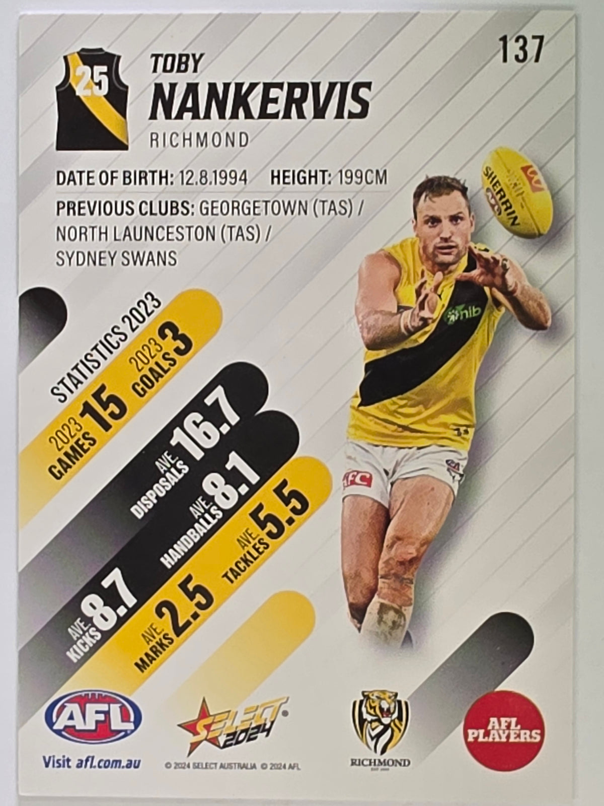 AFL 2024 Footy Stars | Base Card #137 | T. NANKERVIS | Richmond