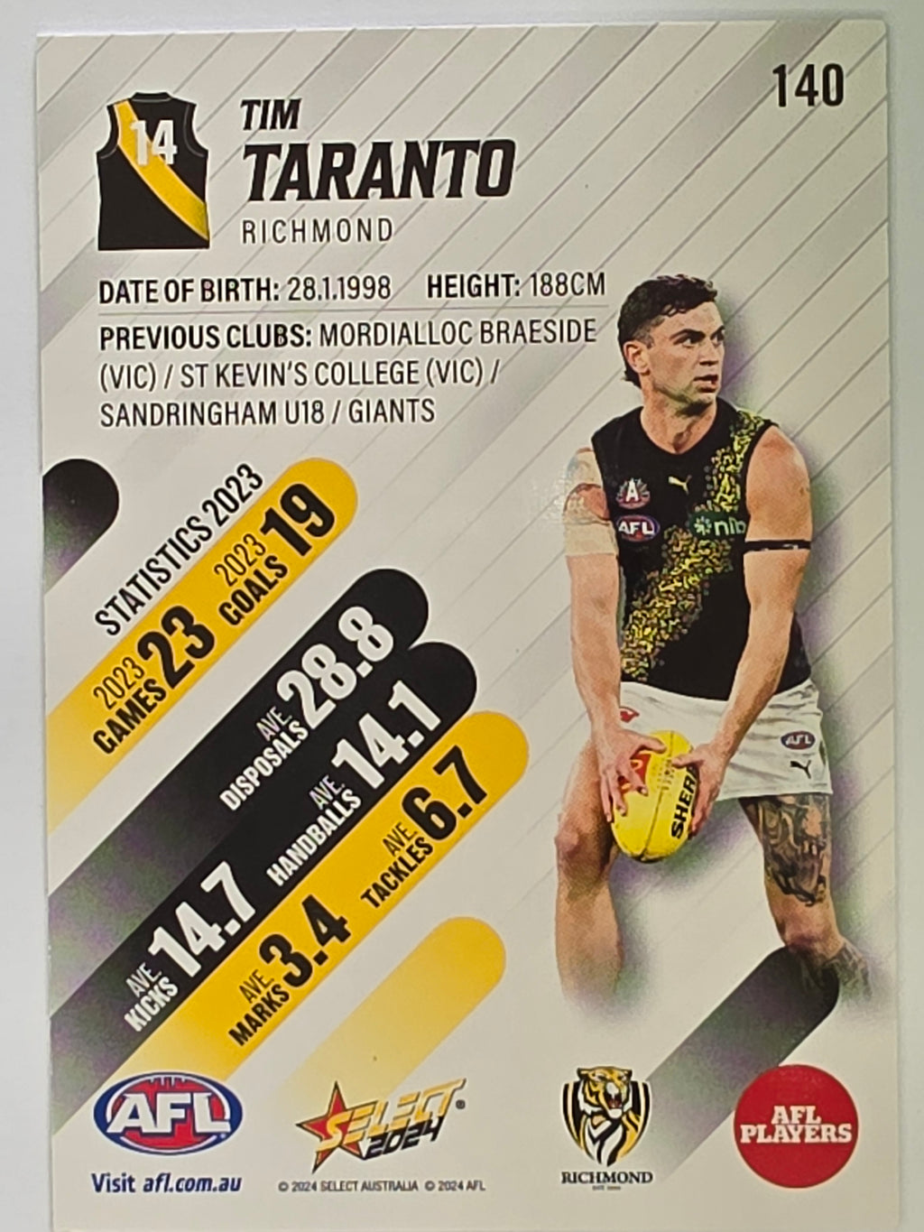 AFL 2024 Footy Stars | Base Card #140 | T. TARANTO | Richmond