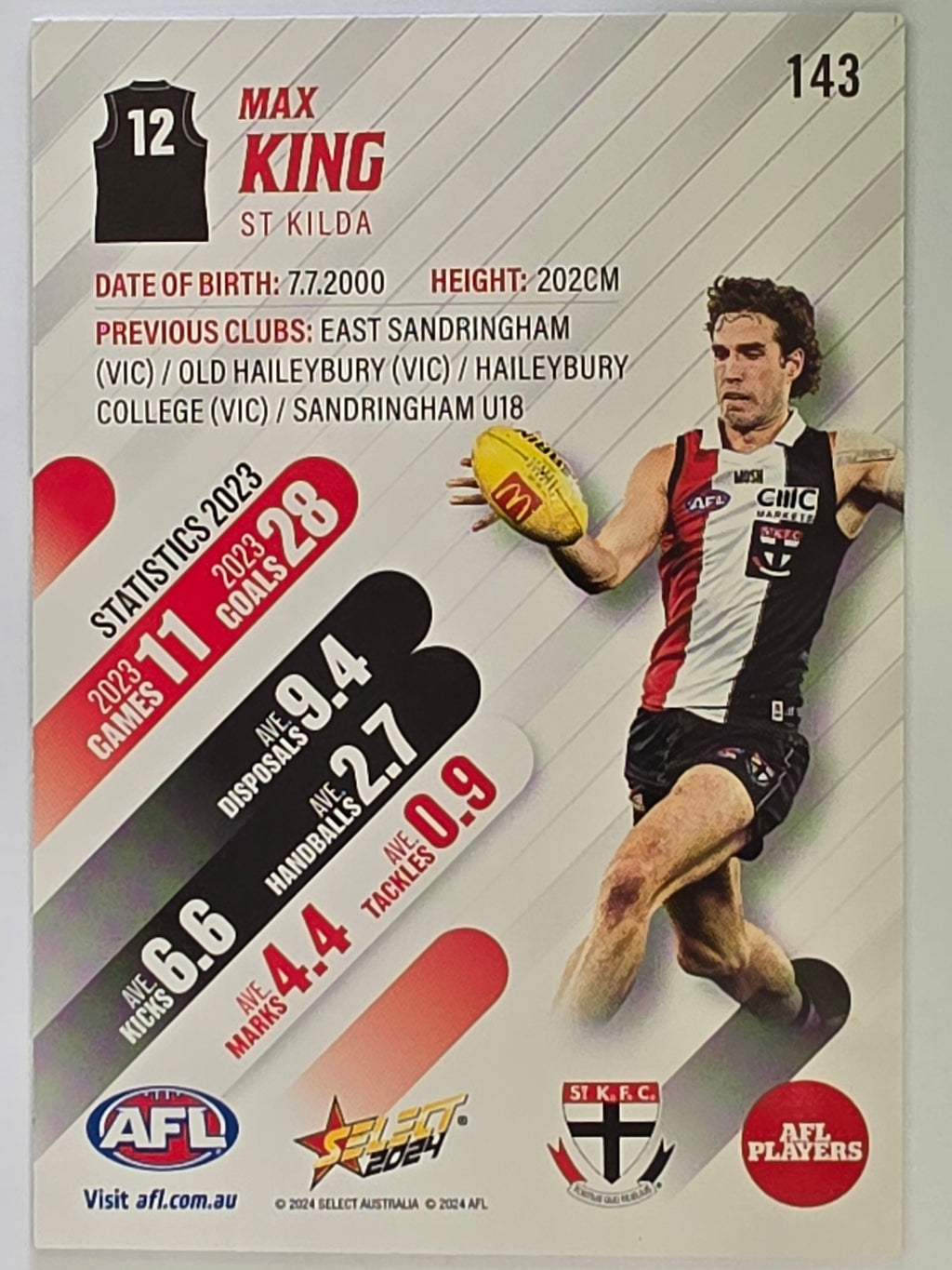 AFL 2024 Footy Stars | Base Card #143 | M. KING | St Kilda