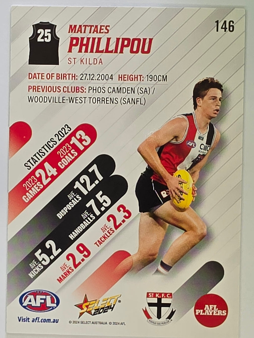 AFL 2024 Footy Stars | Base Card #146 | M. PHILLIPOU | St Kilda