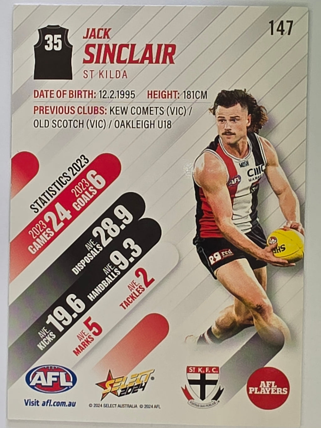 AFL 2024 Footy Stars | Base Card #147 | J. SINCLAIR | St Kilda
