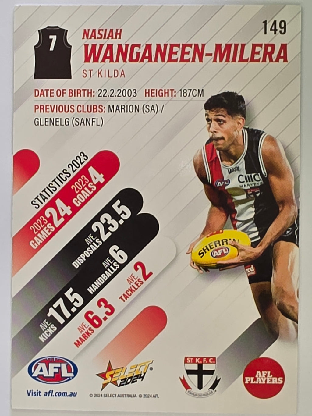 AFL 2024 Footy Stars | Base Card #149 | N. WANGANEEN-MILERA | St Kilda