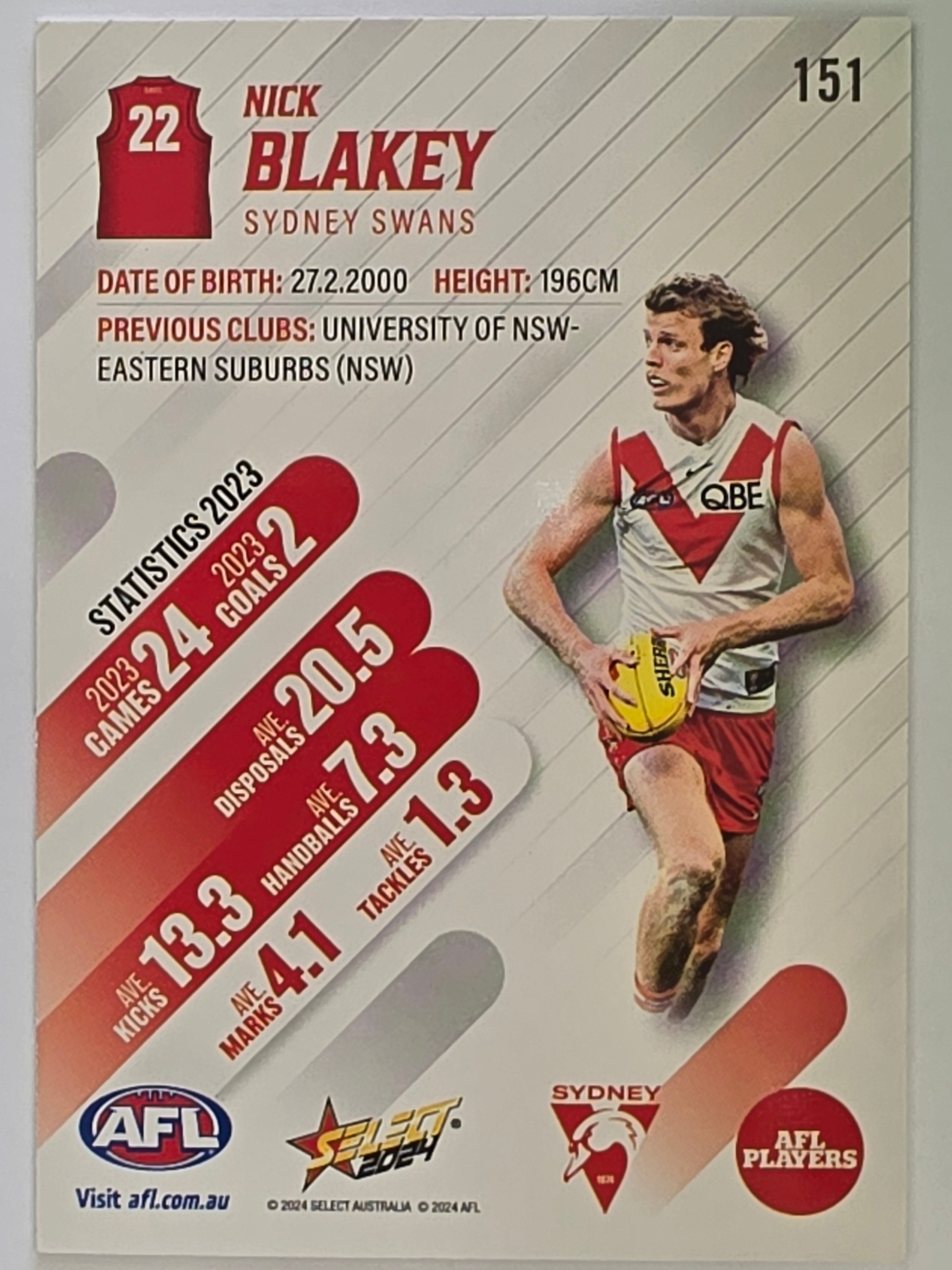 AFL 2024 Footy Stars | Base Card #151 | N. BLAKEY | Sydney Swans