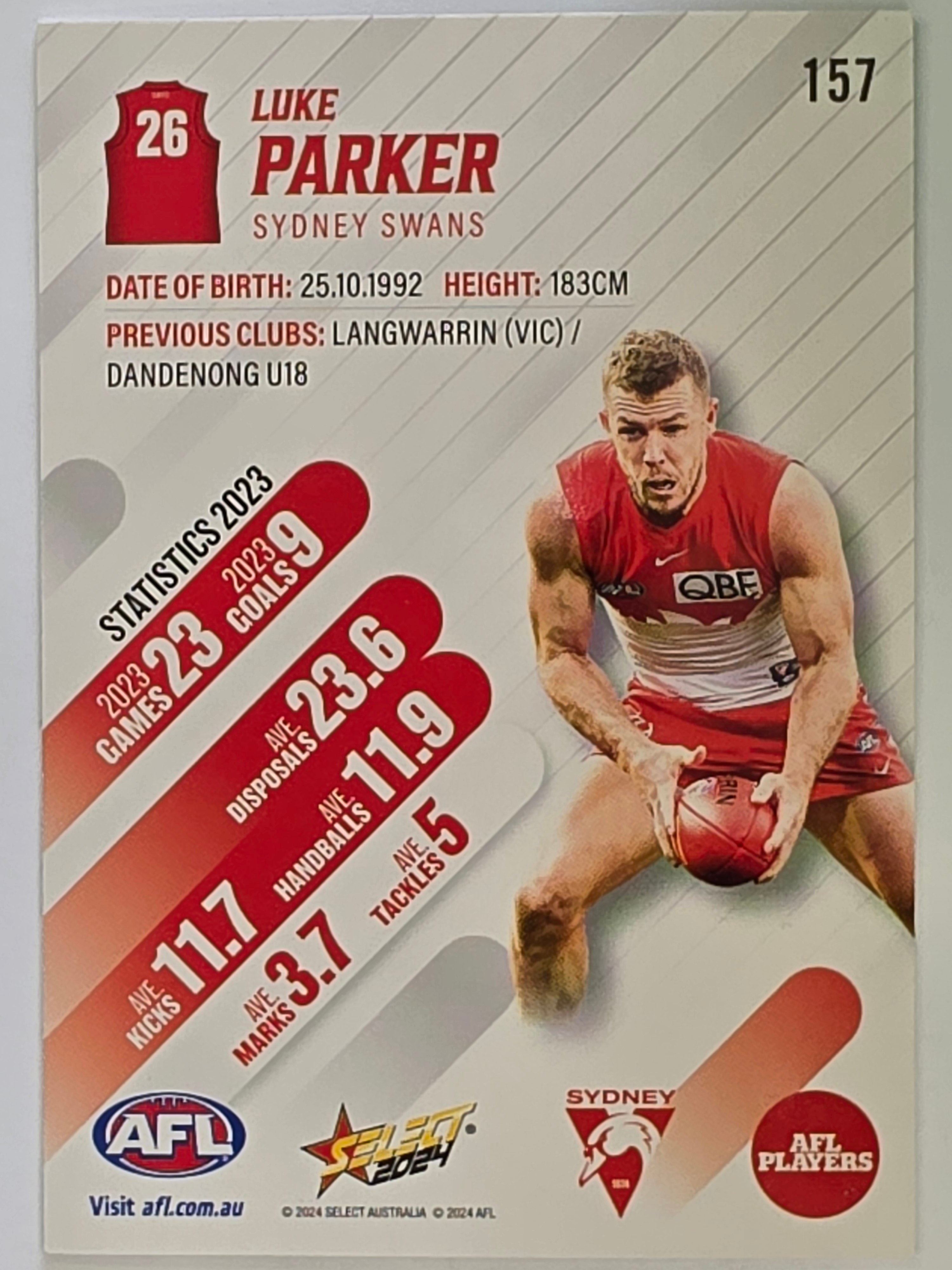 AFL 2024 Footy Stars | Base Card #157 | L. PARKER | Sydney Swans