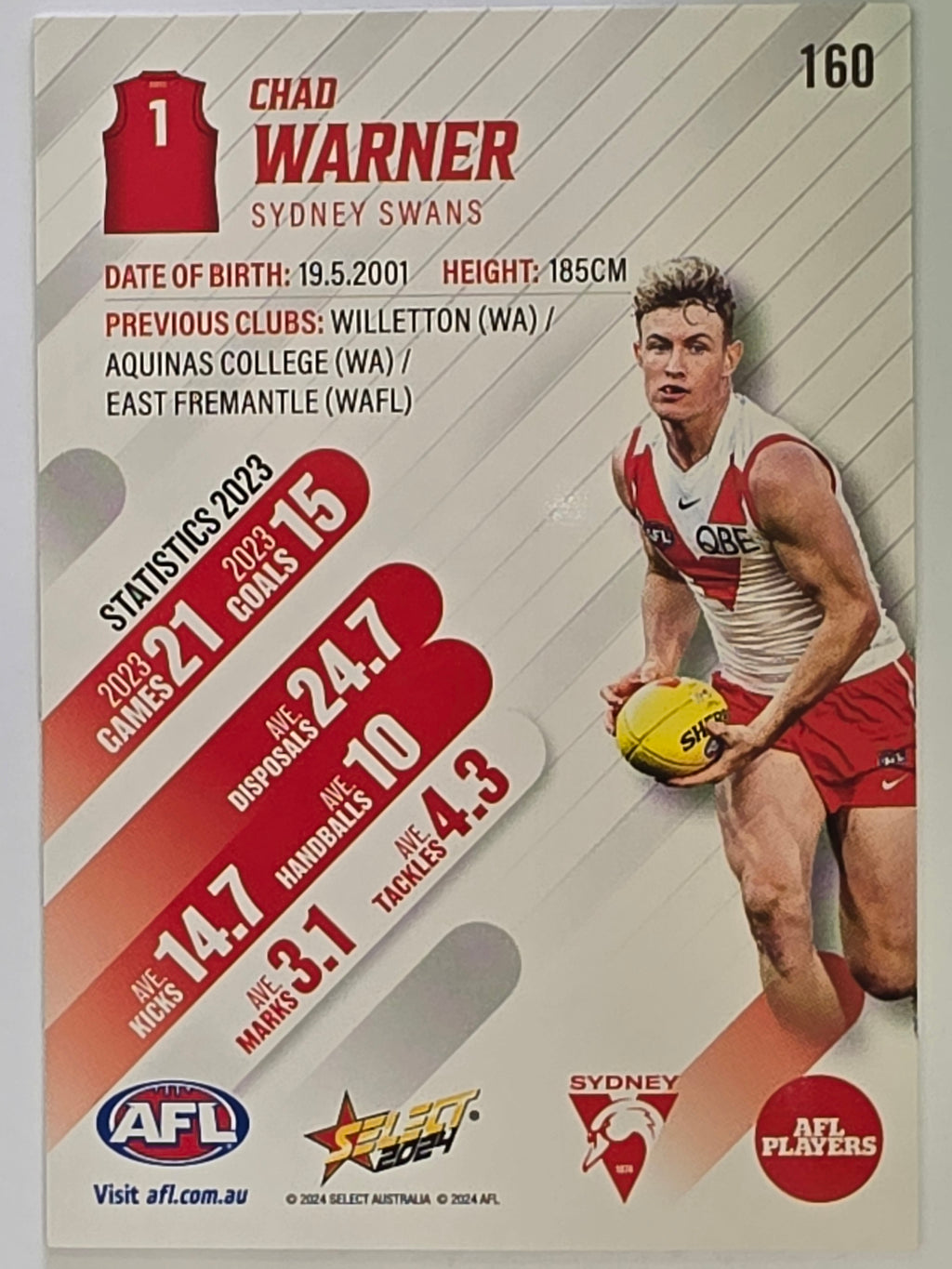 AFL 2024 Footy Stars | Base Card #160 | C. WARNER | Sydney Swans