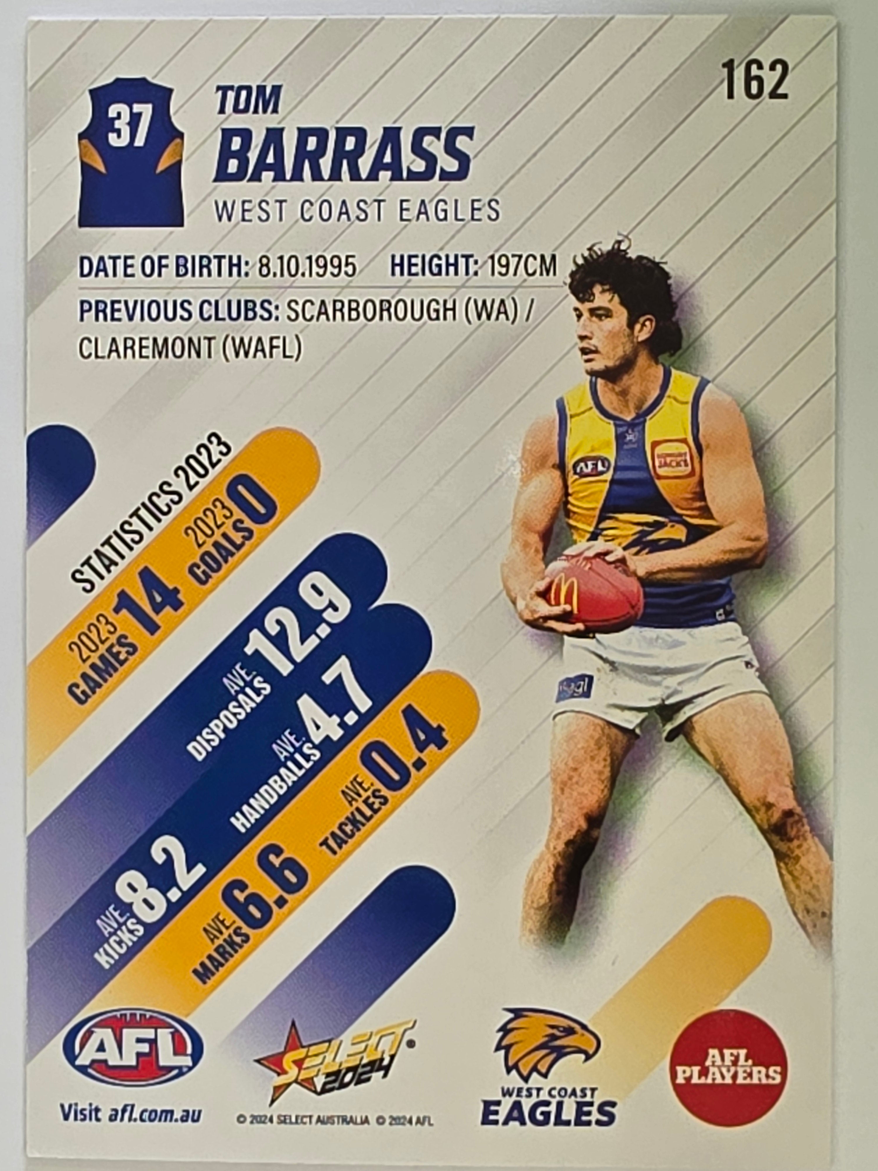AFL 2024 Footy Stars | Base Card #162 | T. BARRASS | West Coast Eagles