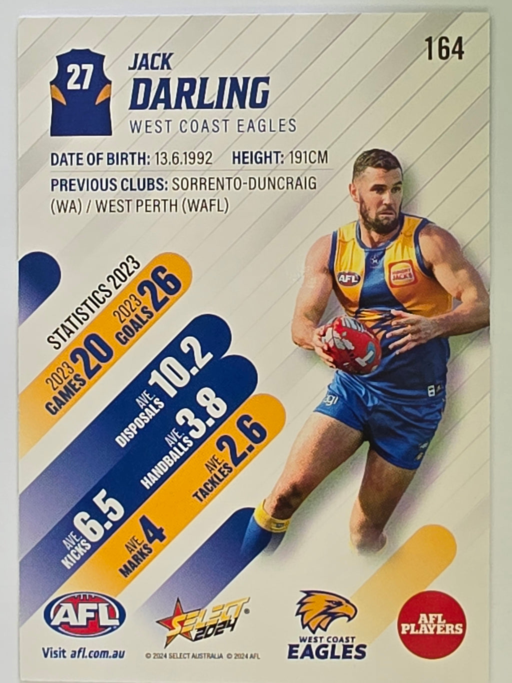 AFL 2024 Footy Stars | Base Card #164 | J. DARLING | West Coast Eagles