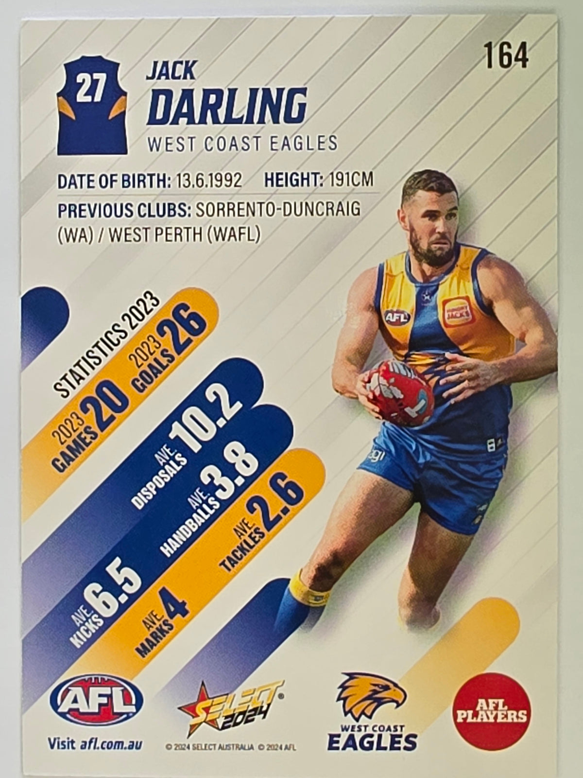 AFL 2024 Footy Stars | Base Card #164 | J. DARLING | West Coast Eagles