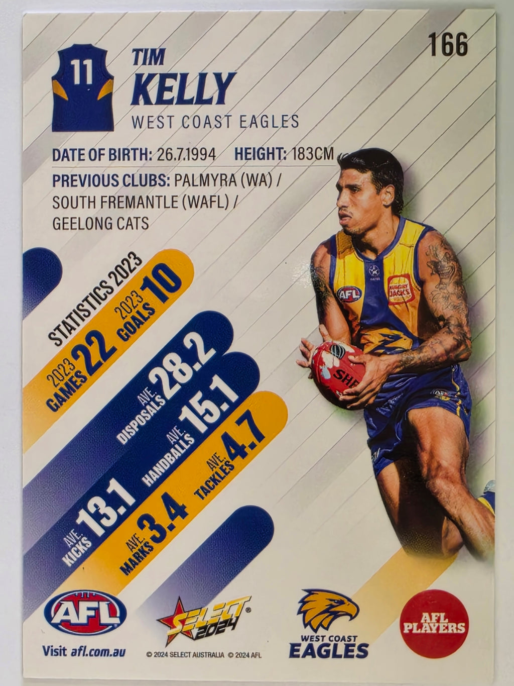 AFL 2024 Footy Stars | Base Card #166 | T. KELLY | West Coast Eagles