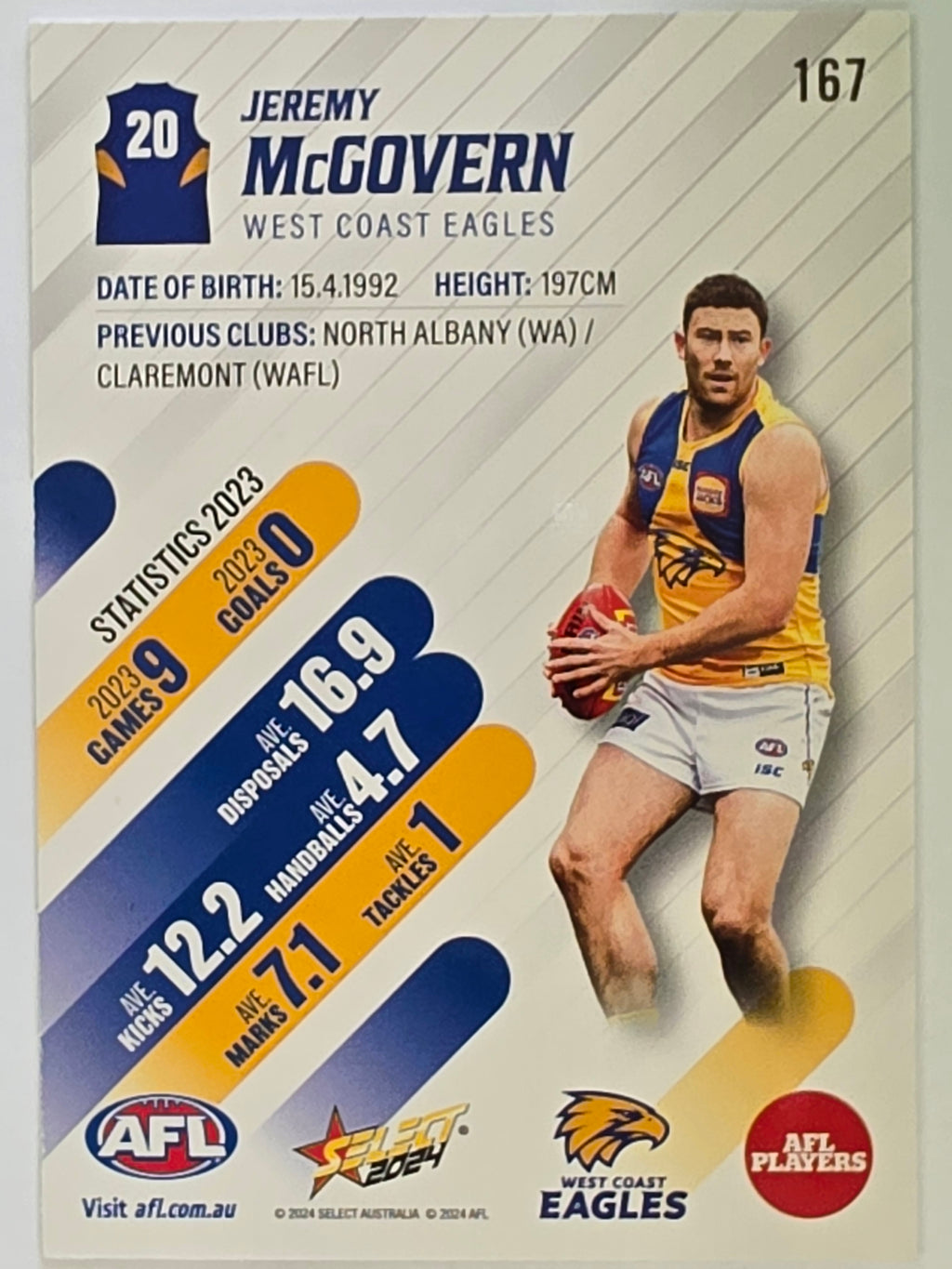 AFL 2024 Footy Stars | Base Card #167 | J. McGOVERN | West Coast Eagles