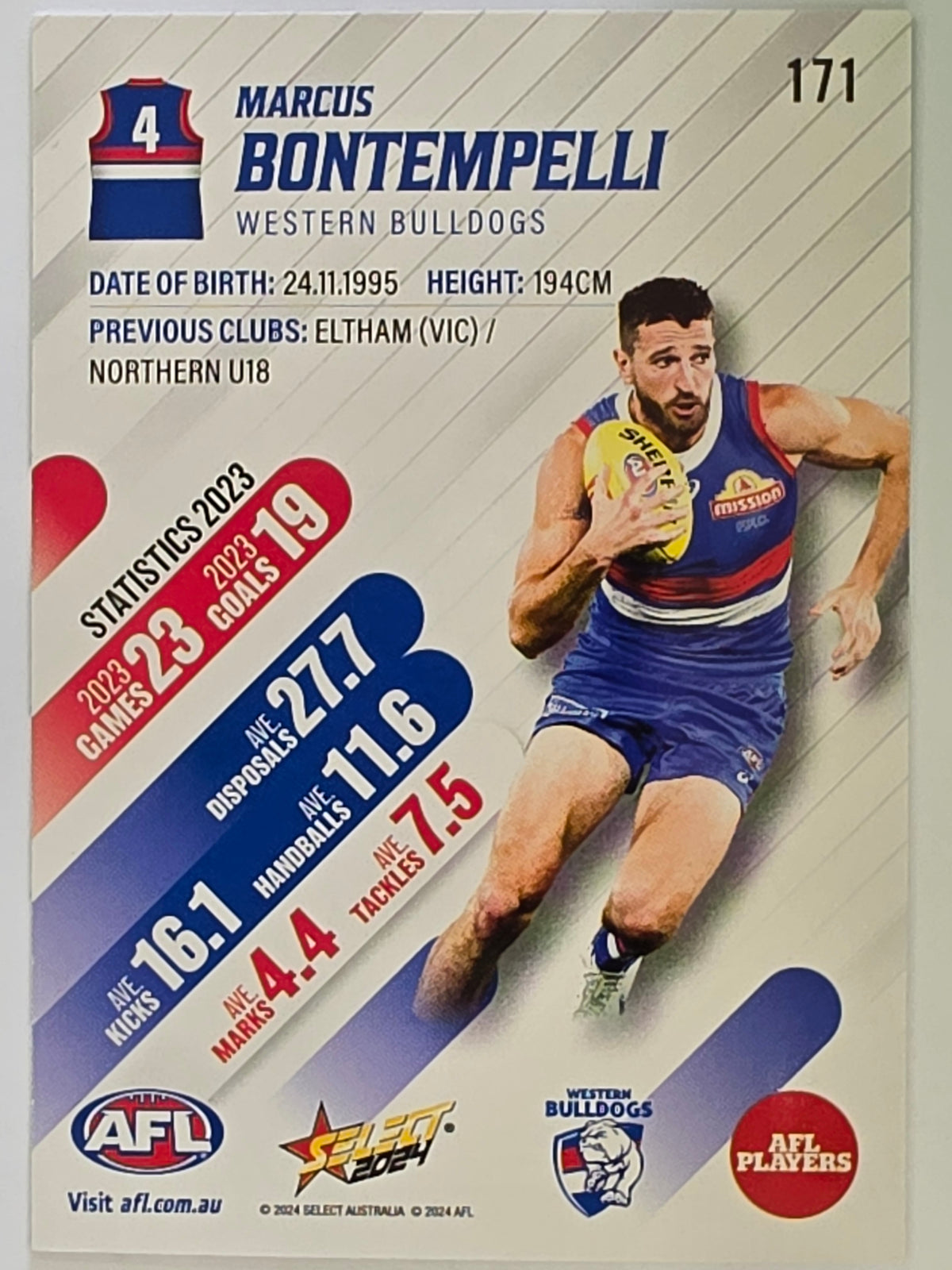 AFL 2024 Footy Stars | Base Card #171 | M. BONTEMPELLI | Western Bulldogs
