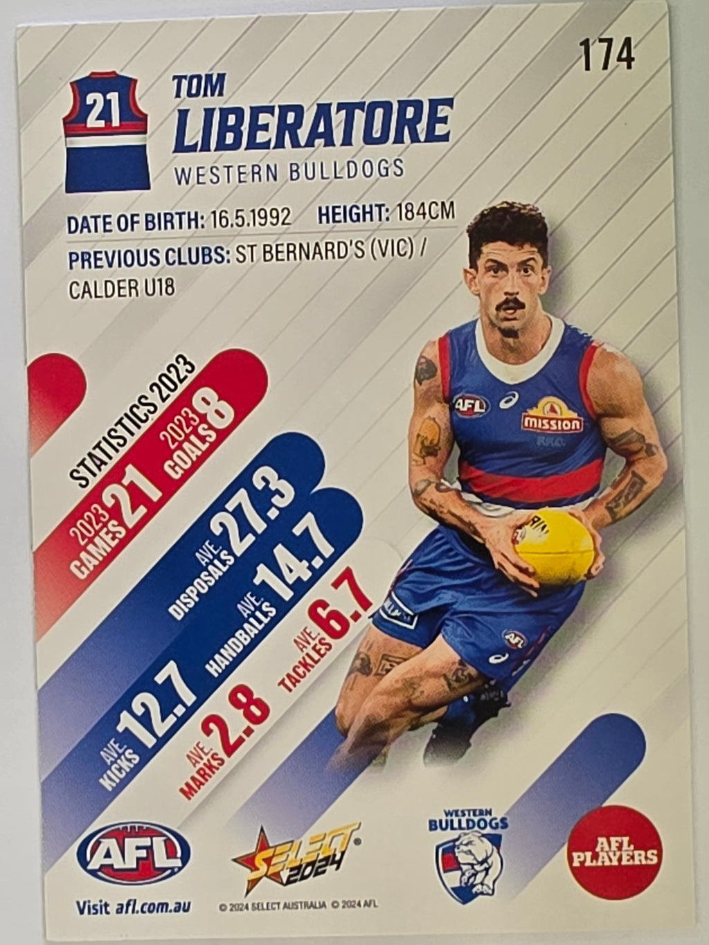 AFL 2024 Footy Stars | Base Card #174 | T. LIBERATORE | Western Bulldogs