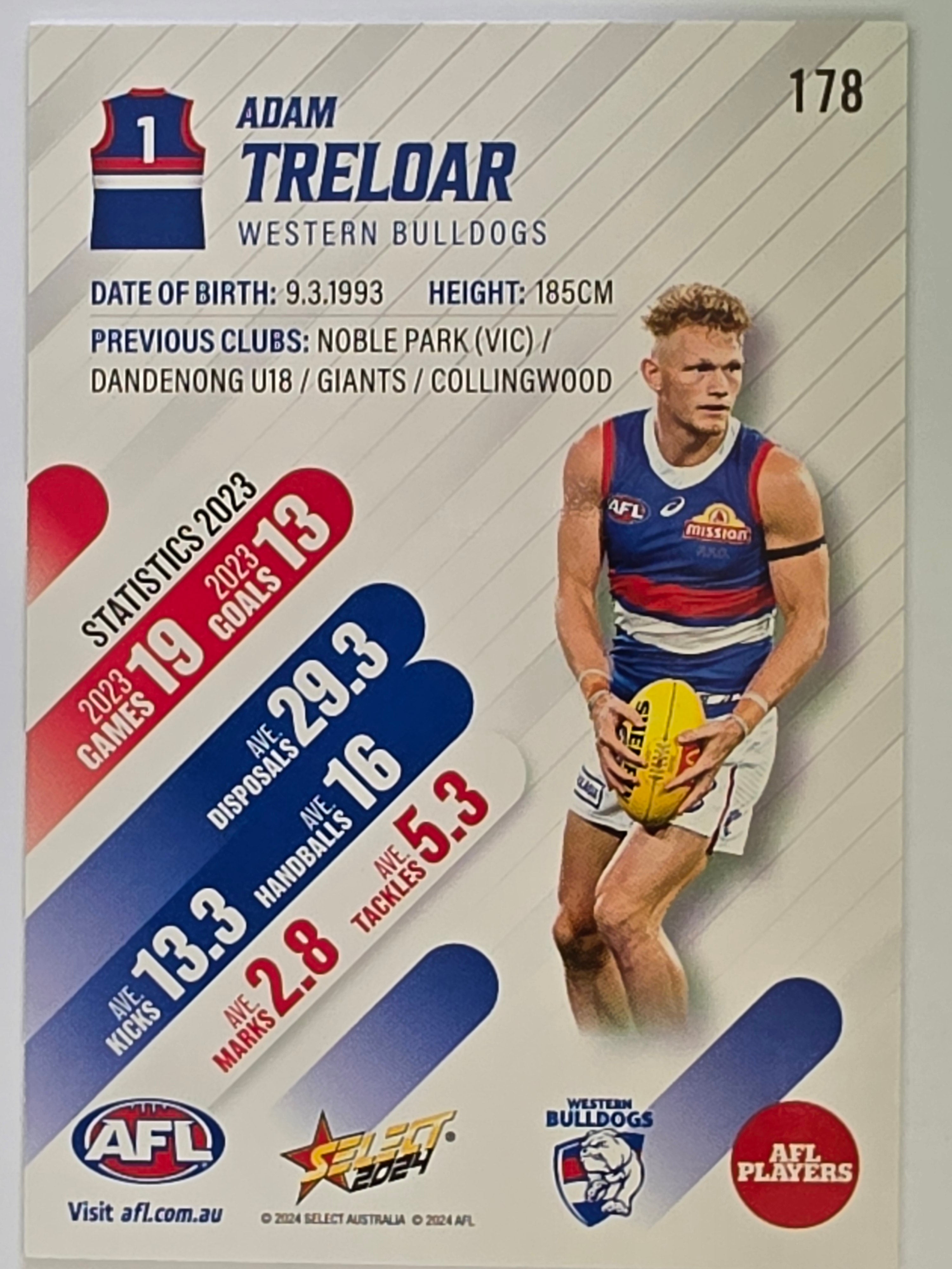 AFL 2024 Footy Stars | Base Card #178 | A. TRELOAR | Western Bulldogs