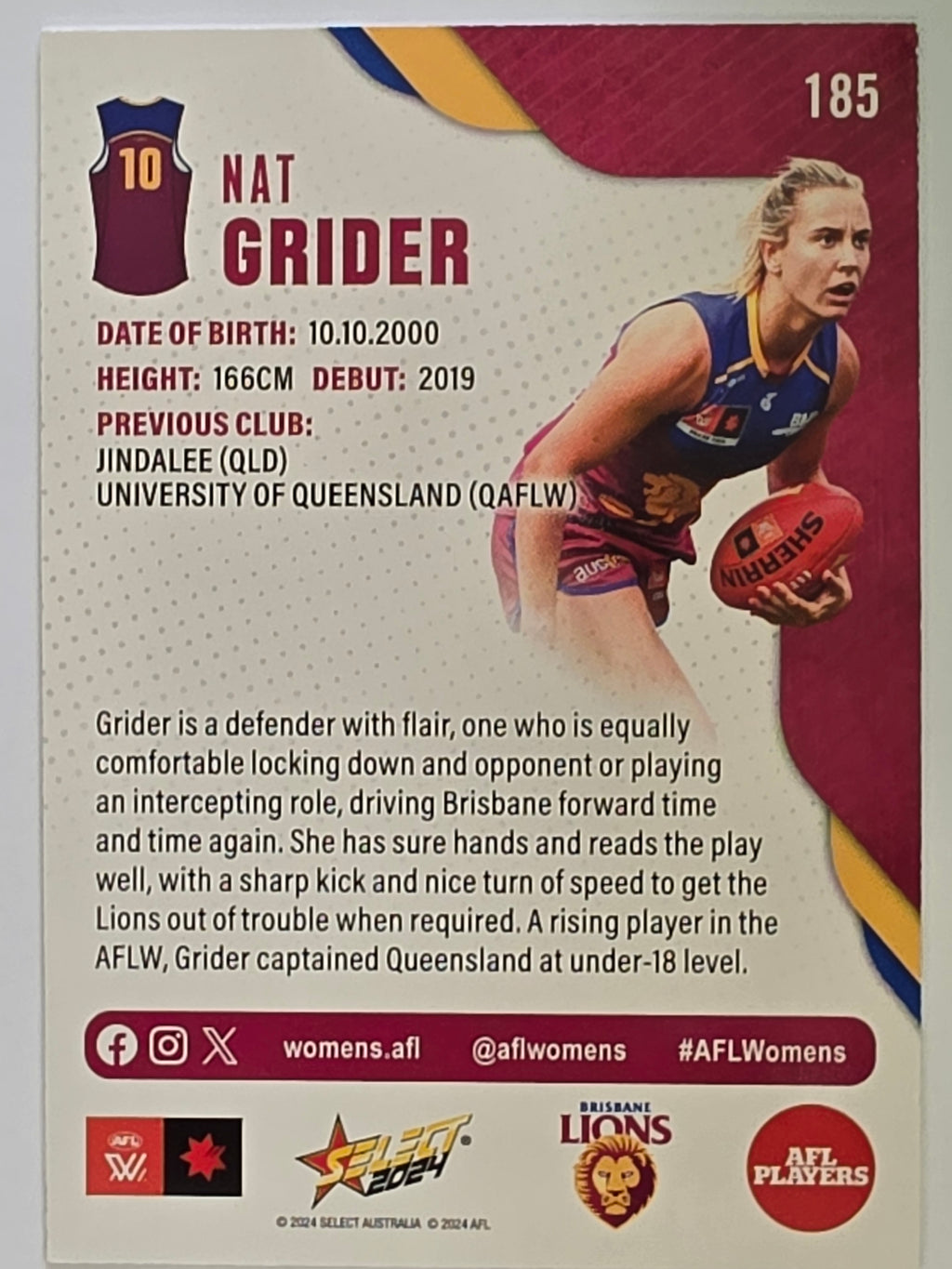 AFL 2024 Footy Stars | Base Card #185 | N. GRIDER | Brisbane Lions AFLW