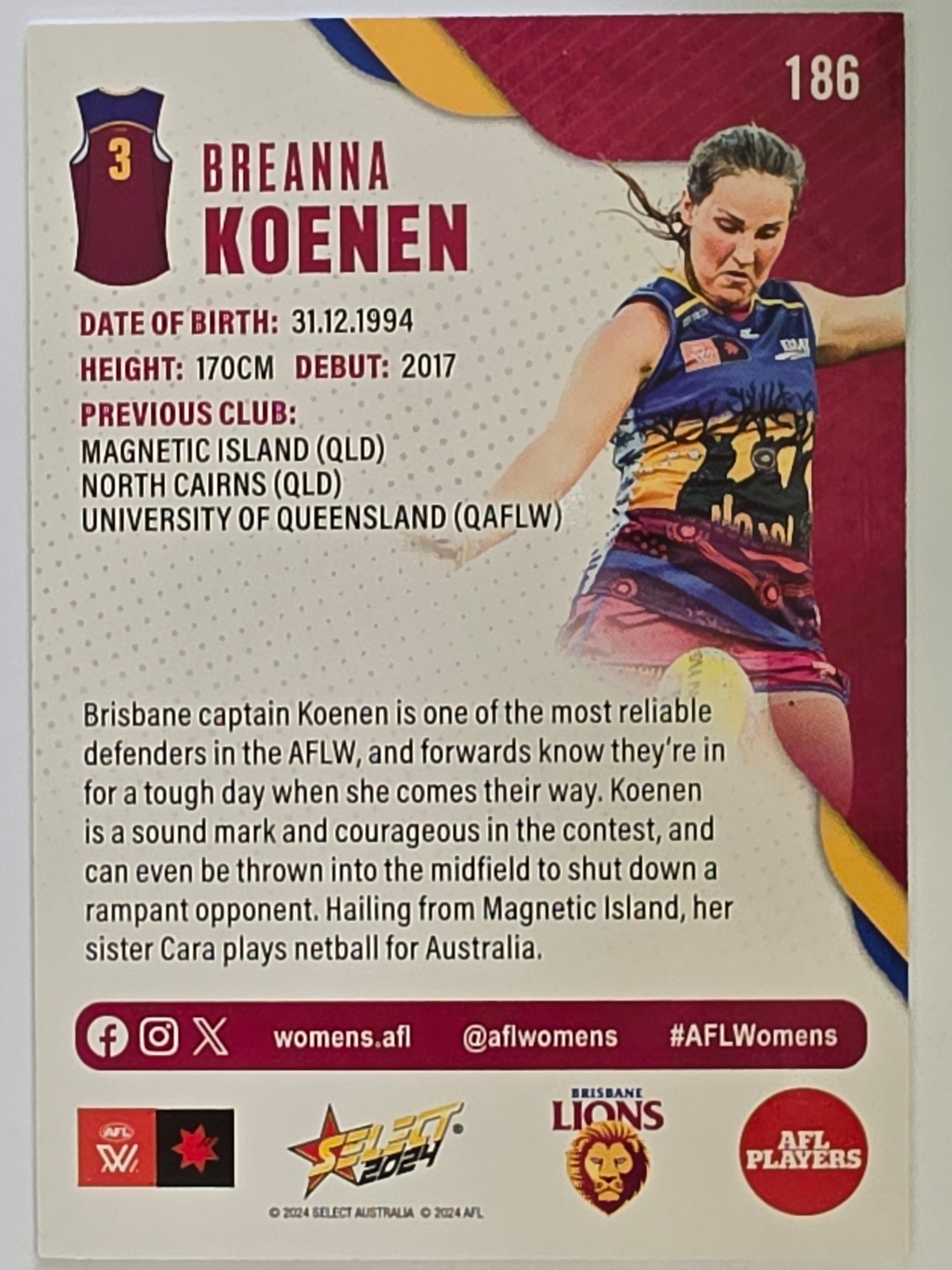 AFL 2024 Footy Stars | Base Card #186 | B. KOENEN | Brisbane Lions AFLW