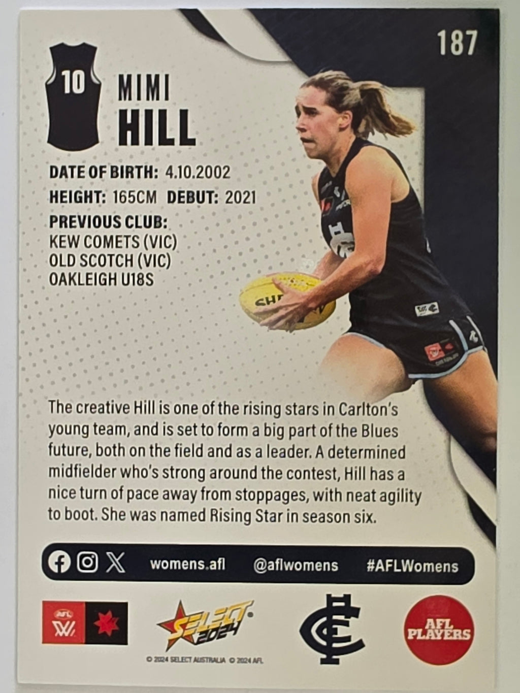 AFL 2024 Footy Stars | Base Card #187 | M. HILL | Carlton AFLW