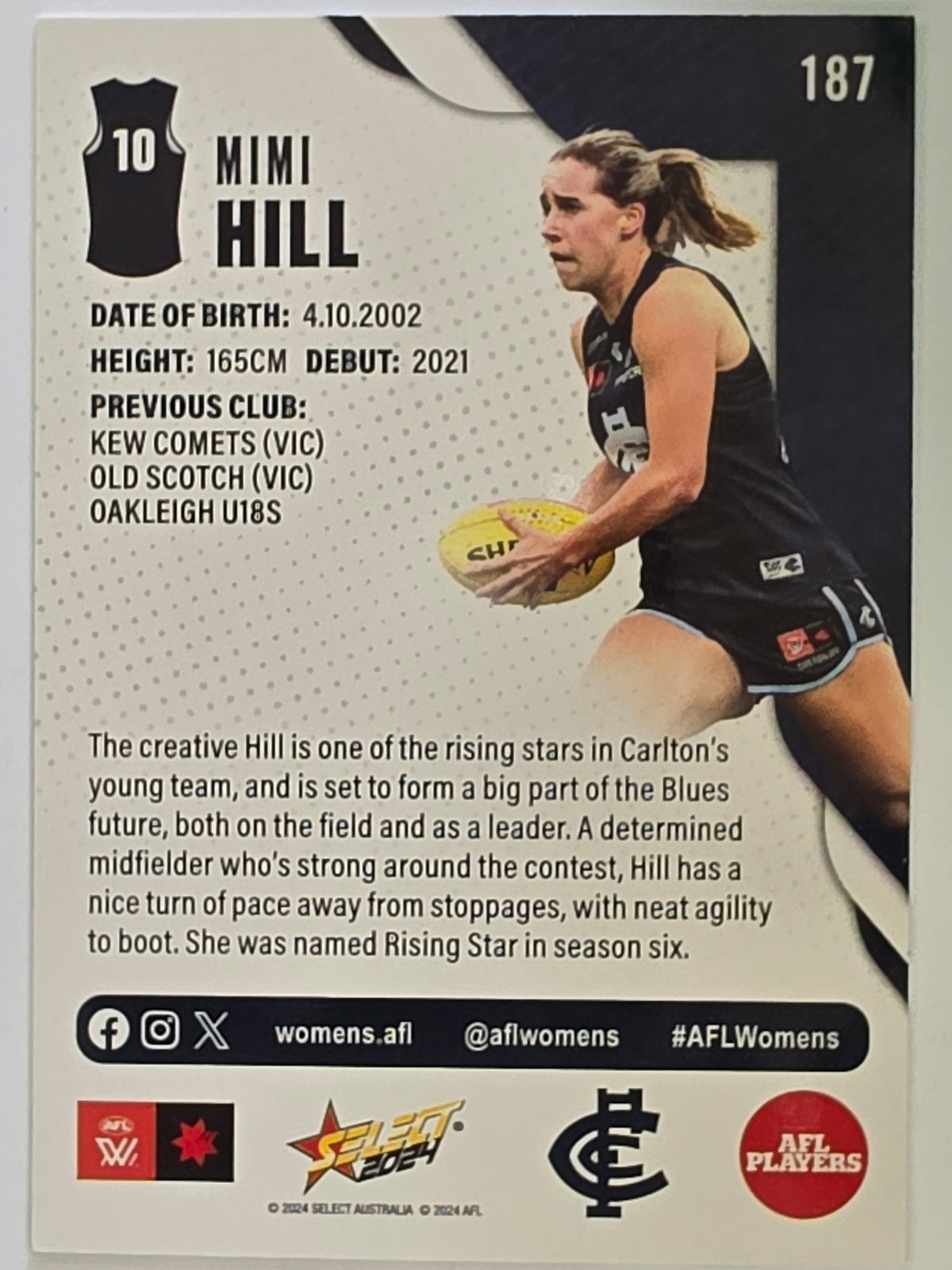 AFL 2024 Footy Stars | Base Card #187 | M. HILL | Carlton AFLW