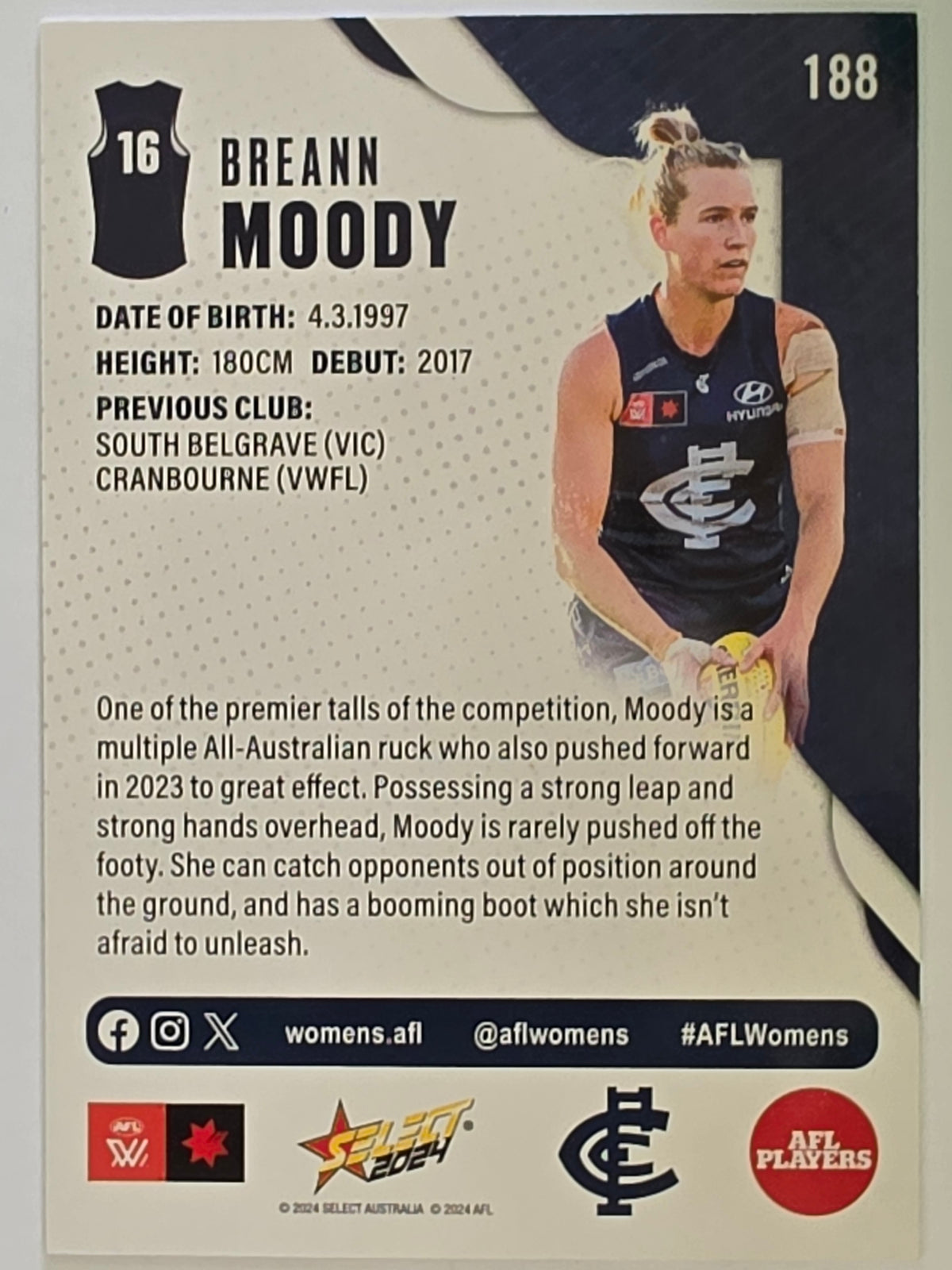 AFL 2024 Footy Stars | Base Card #188 | B. MOODY | Carlton AFLW