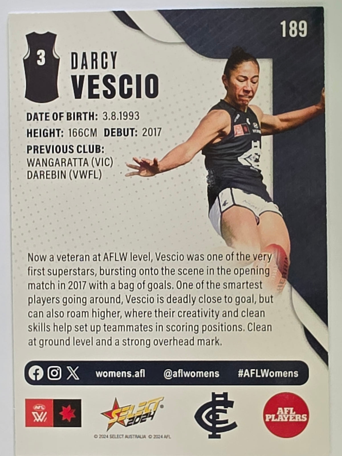 AFL 2024 Footy Stars | Base Card #189 | D. VESCIO | Carlton AFLW