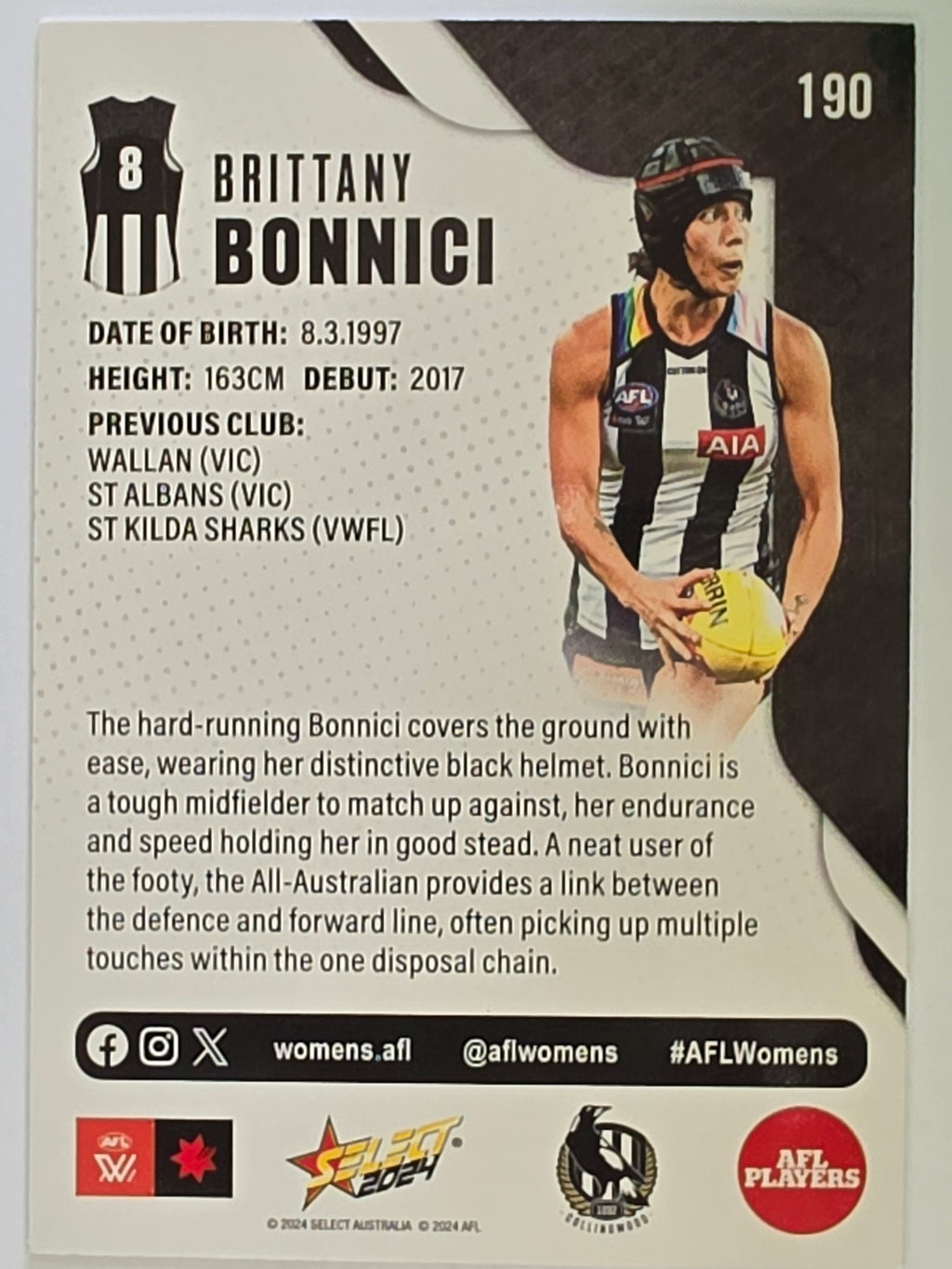 AFL 2024 Footy Stars | Base Card #190 | B. BONNICI | Collingwood AFLW