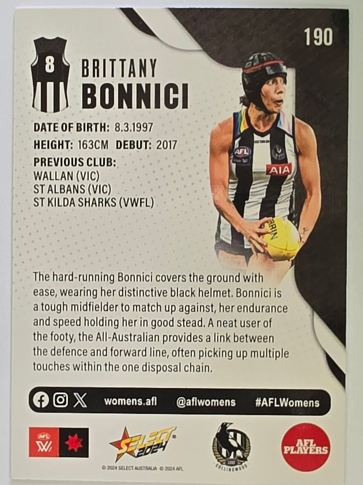 AFL 2024 Footy Stars | Base Card #190 | B. BONNICI | Collingwood AFLW