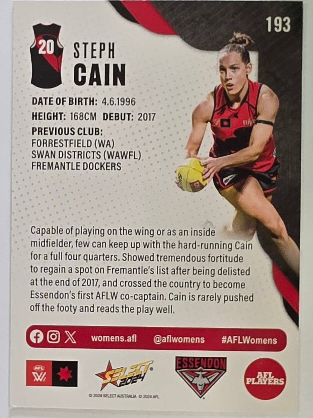 AFL 2024 Footy Stars | Base Card #193 | S. CAIN | Essendon AFLW