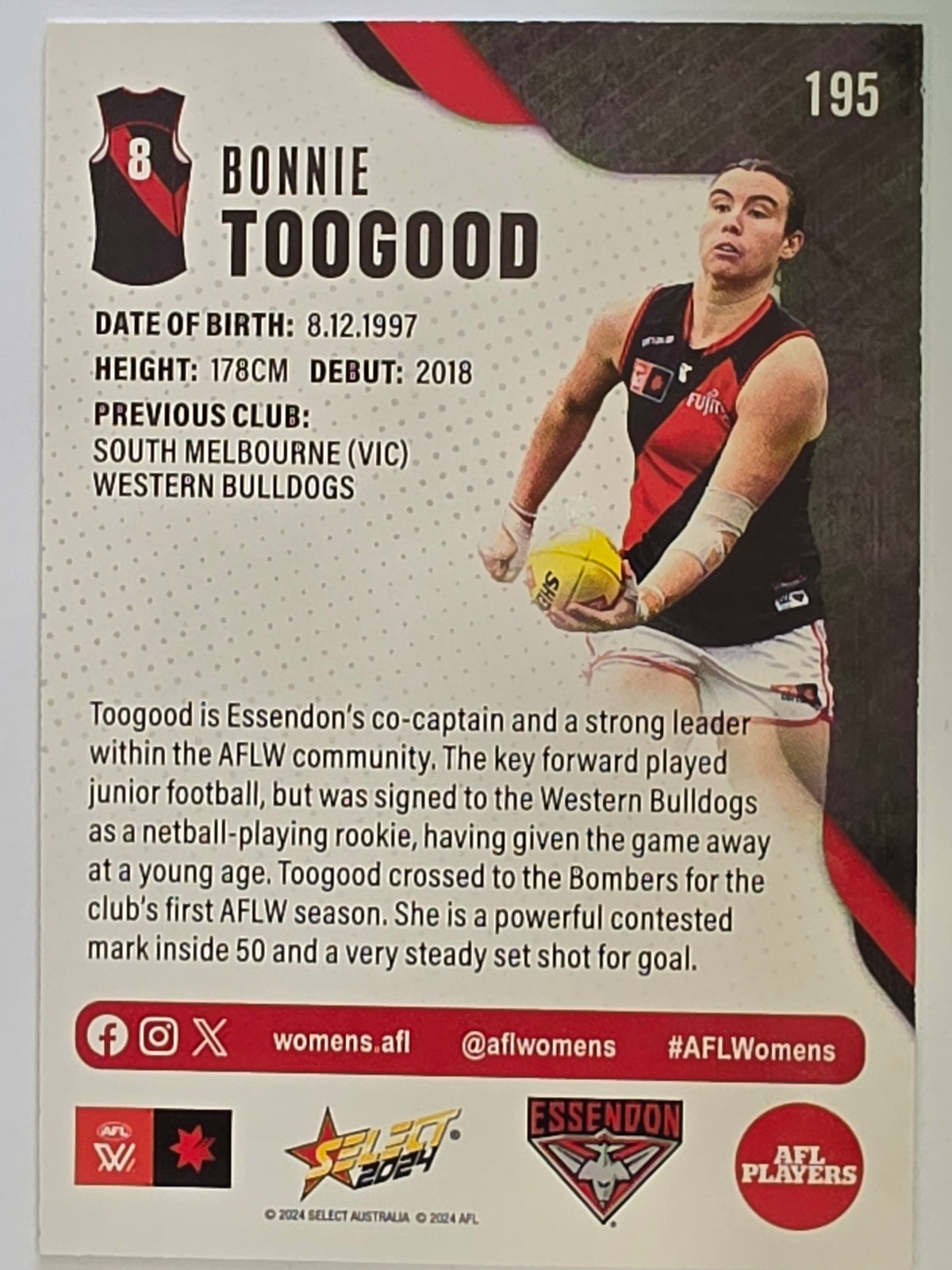 AFL 2024 Footy Stars | Base Card #195 | B. TOOGOOD | Essendon AFLW