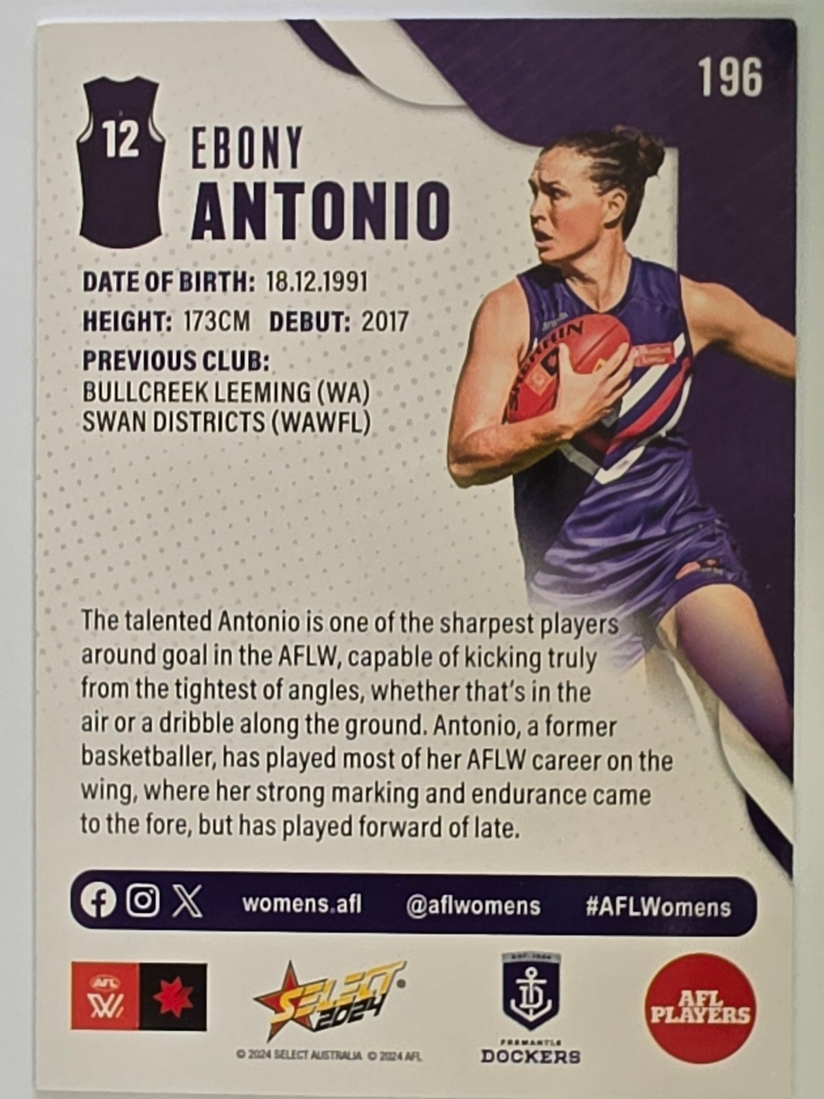 AFL 2024 Footy Stars | Base Card #196 | E. ANTONIO | Fremantle Dockers AFLW