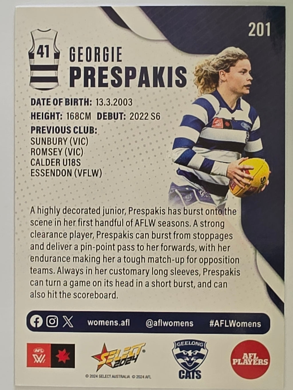 AFL 2024 Footy Stars | Base Card #201 | G. PRESPAKIS | Geelong Cats AFLW