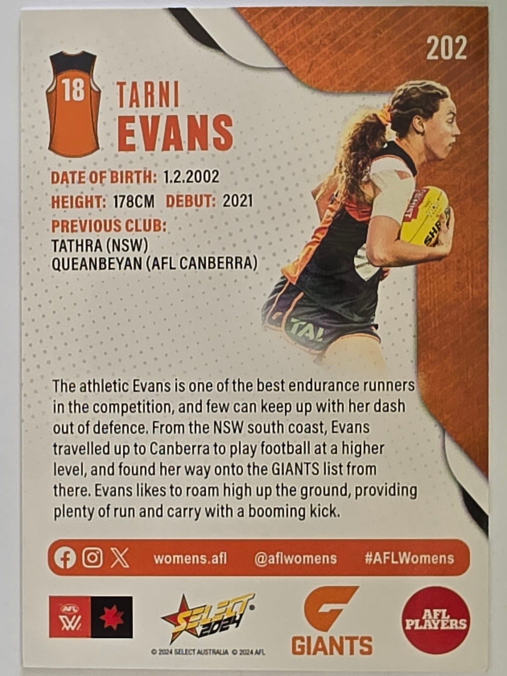 AFL 2024 Footy Stars | Base Card #202 | T. EVANS | Giants AFLW