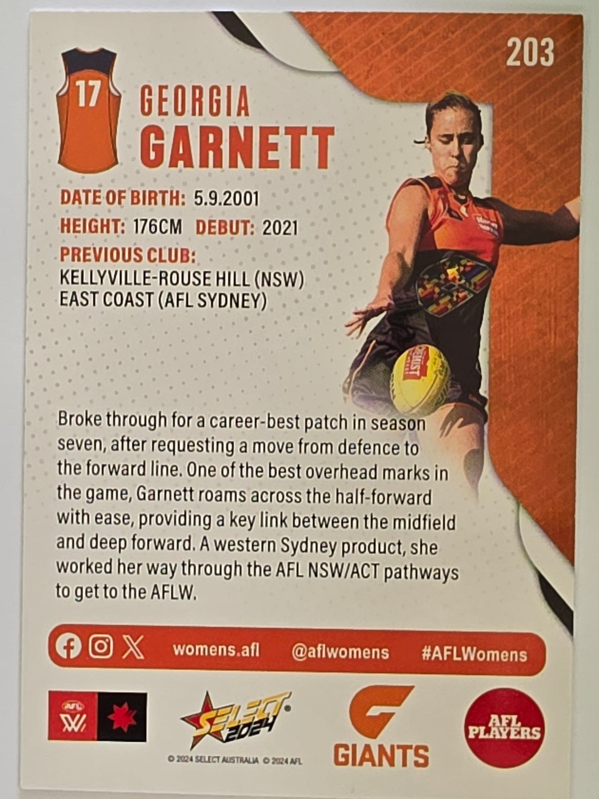 AFL 2024 Footy Stars | Base Card #203 | G. GARNETT | Giants AFLW