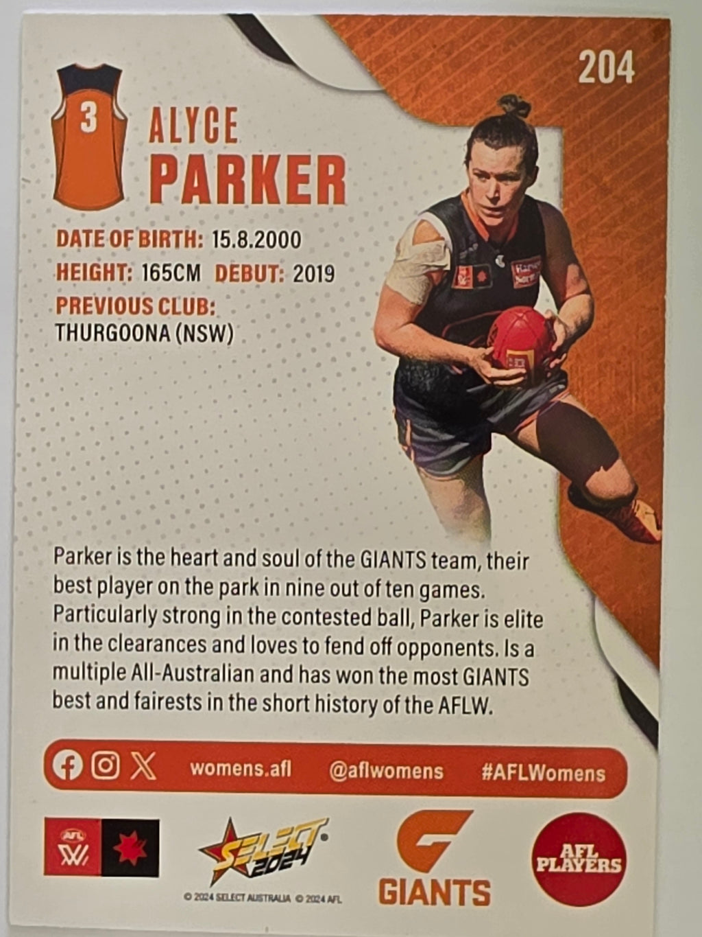 AFL 2024 Footy Stars | Base Card #204 | A. PARKER | Giants AFLW