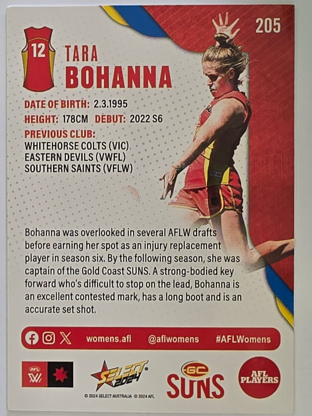AFL 2024 Footy Stars | Base Card #205 | T. BOHANNA | Gold Coast Suns AFLW