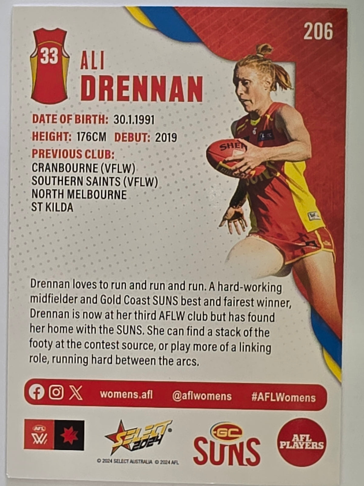 AFL 2024 Footy Stars | Base Card #206 | A. DRENNAN | Gold Coast Suns AFLW
