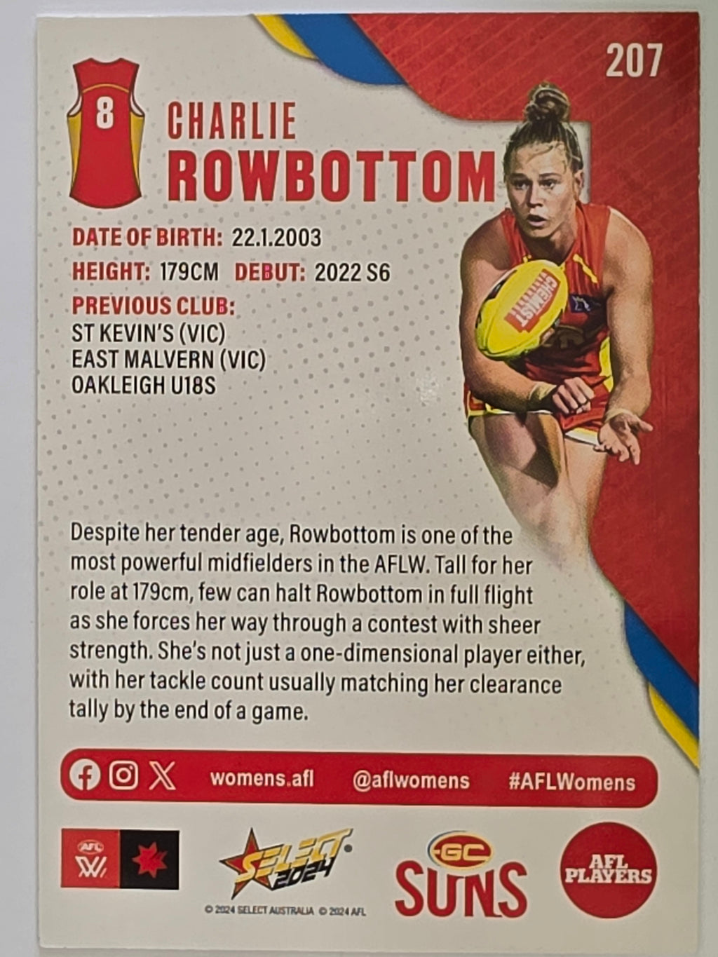 AFL 2024 Footy Stars | Base Card #207 | C. ROWBOTTOM | Gold Coast Suns AFLW
