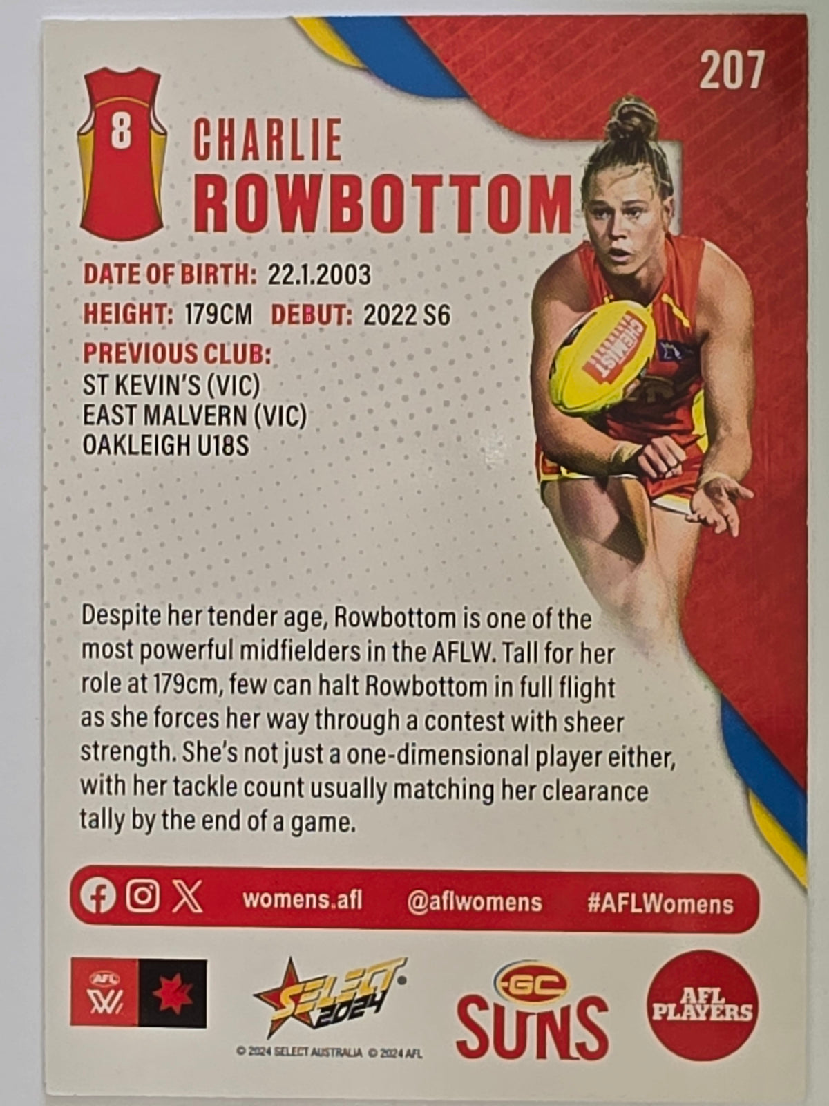 AFL 2024 Footy Stars | Base Card #207 | C. ROWBOTTOM | Gold Coast Suns AFLW