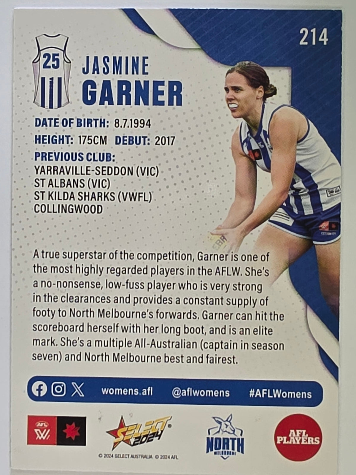 AFL 2024 Footy Stars | Base Card #214 | J. GARNER | North Melbourne AFLW