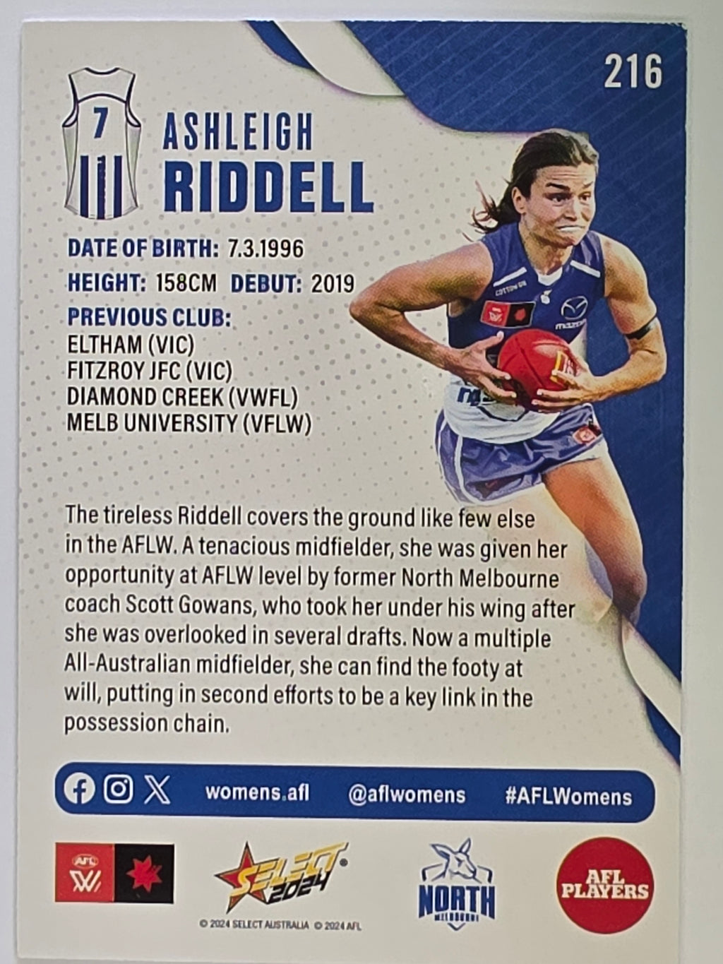 AFL 2024 Footy Stars | Base Card #216 | A. RIDDELL | North Melbourne AFLW