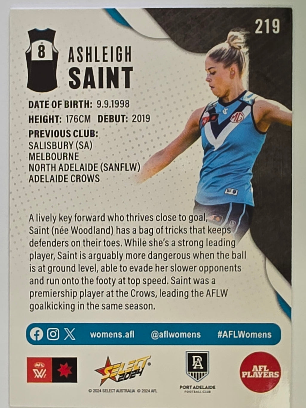 AFL 2024 Footy Stars | Base Card #219 | A. SAINT | Port Adelaide AFLW