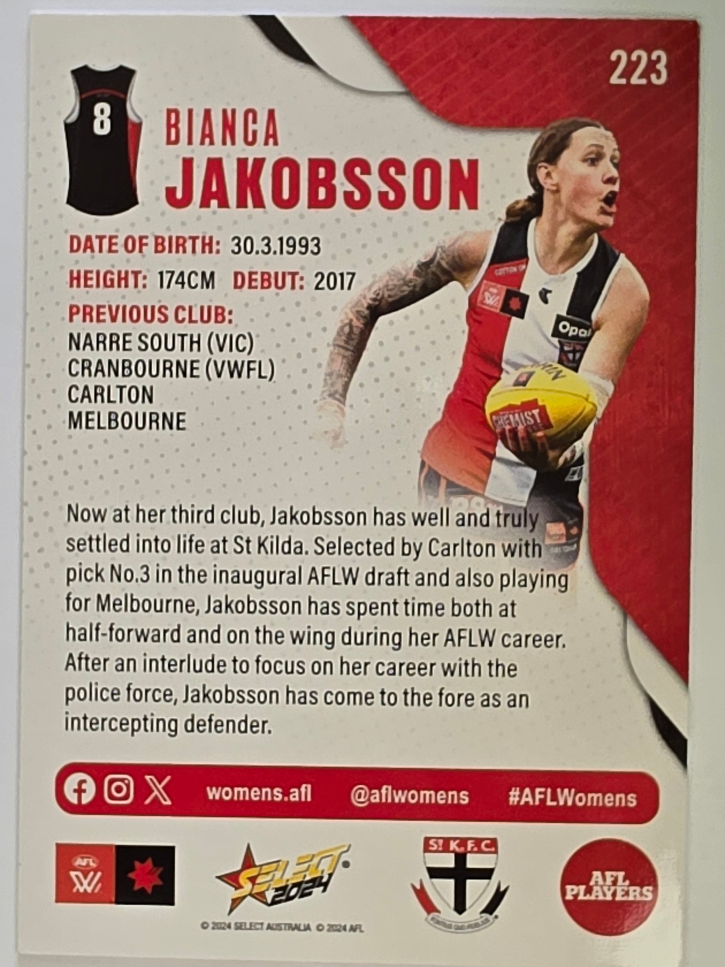 AFL 2024 Footy Stars | Base Card #223 | B. JAKOBSSON | St Kilda AFLW