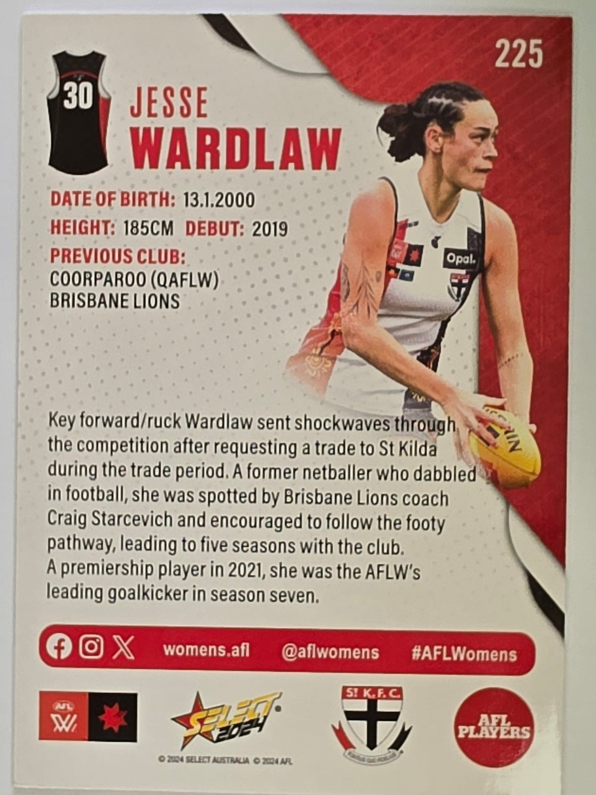AFL 2024 Footy Stars | Base Card #225 | J. WARDLAW | St Kilda AFLW