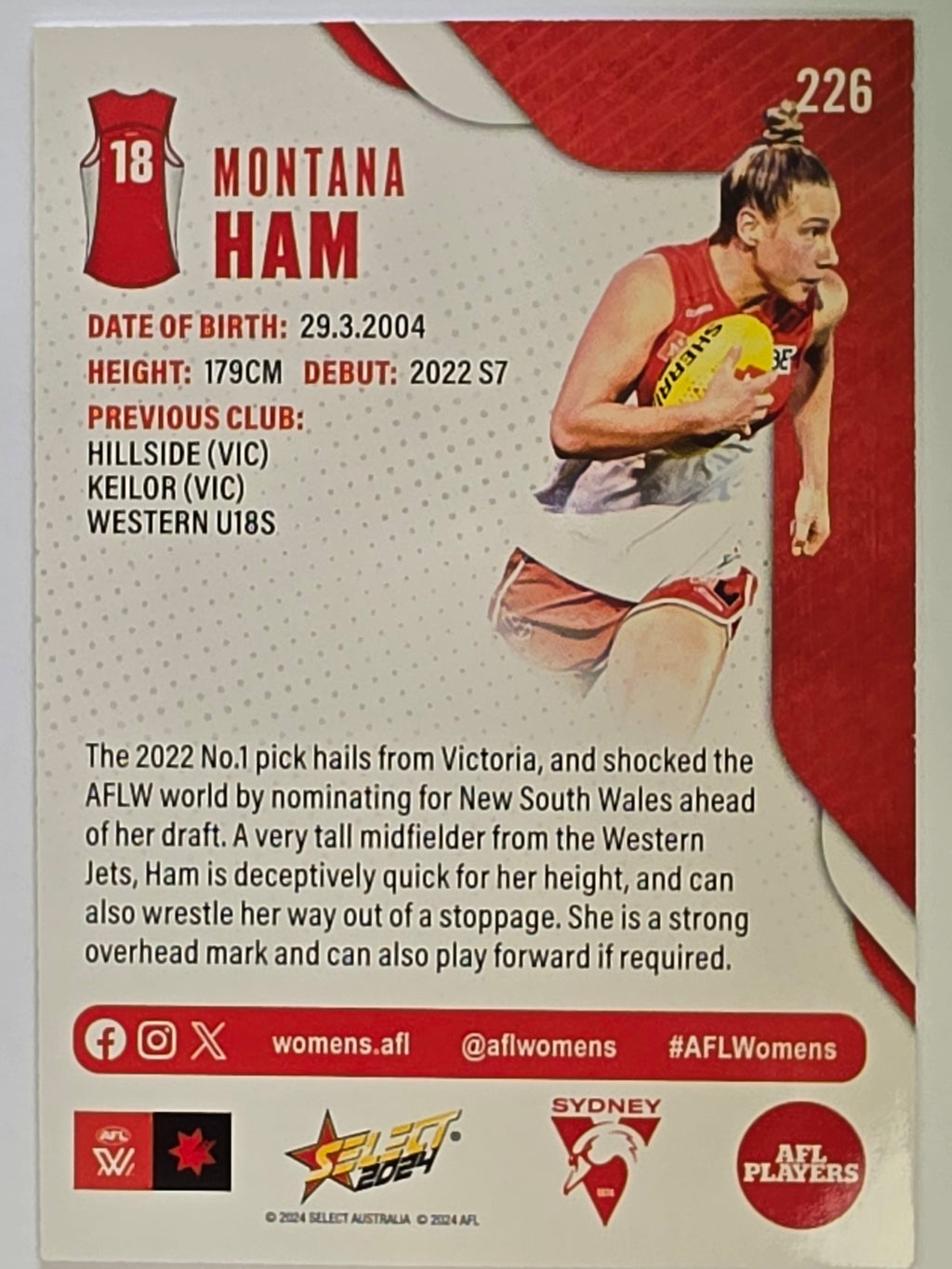 AFL 2024 Footy Stars | Base Card #226 | M. HAM | Sydney Swans AFLW
