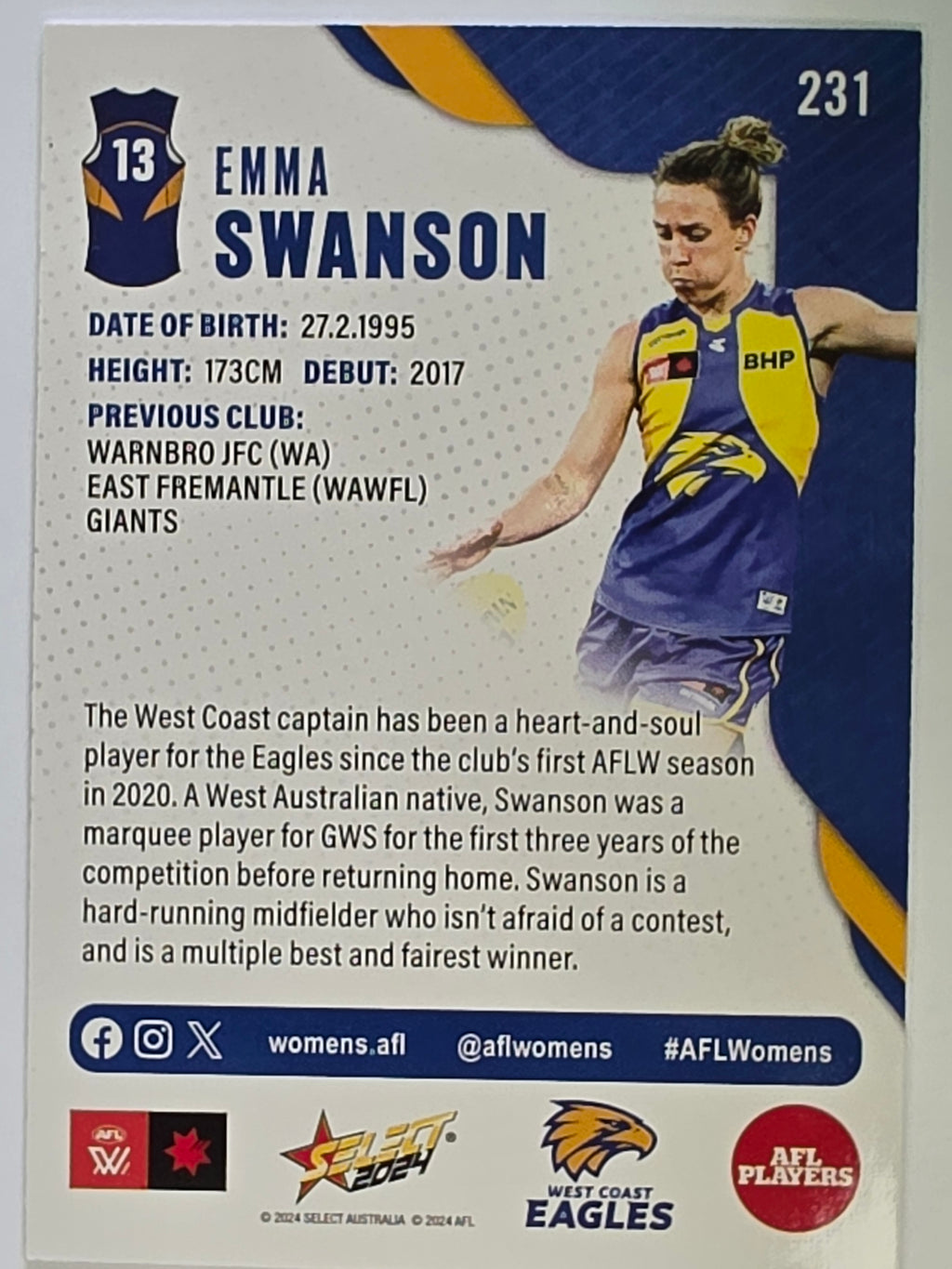 AFL 2024 Footy Stars | Base Card #231 | E. SWANSON | West Coast Eagles AFLW