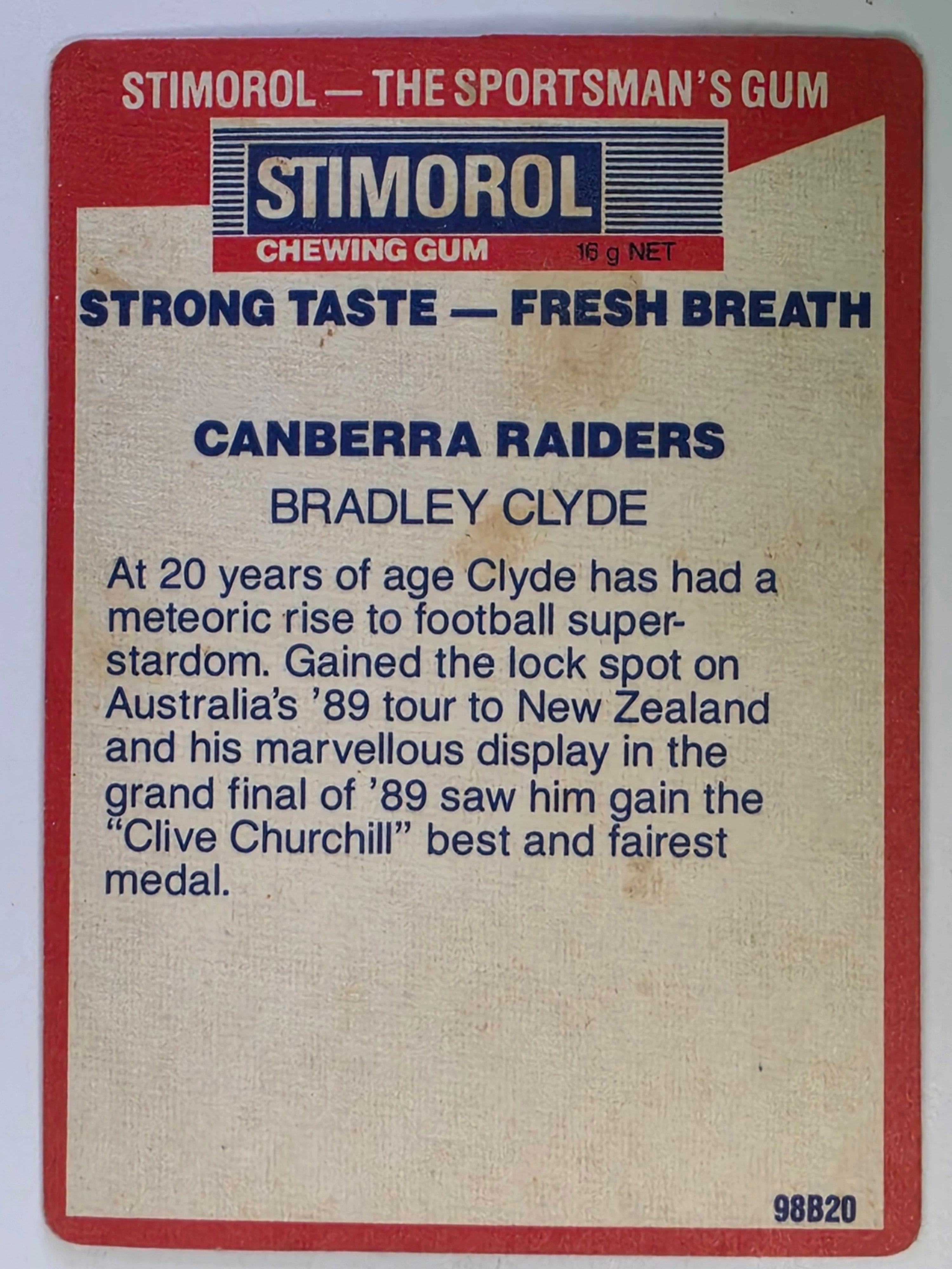 NRL 1990 Stimorol | Base Card #004 | Bradley Clyde | Canberra Raiders