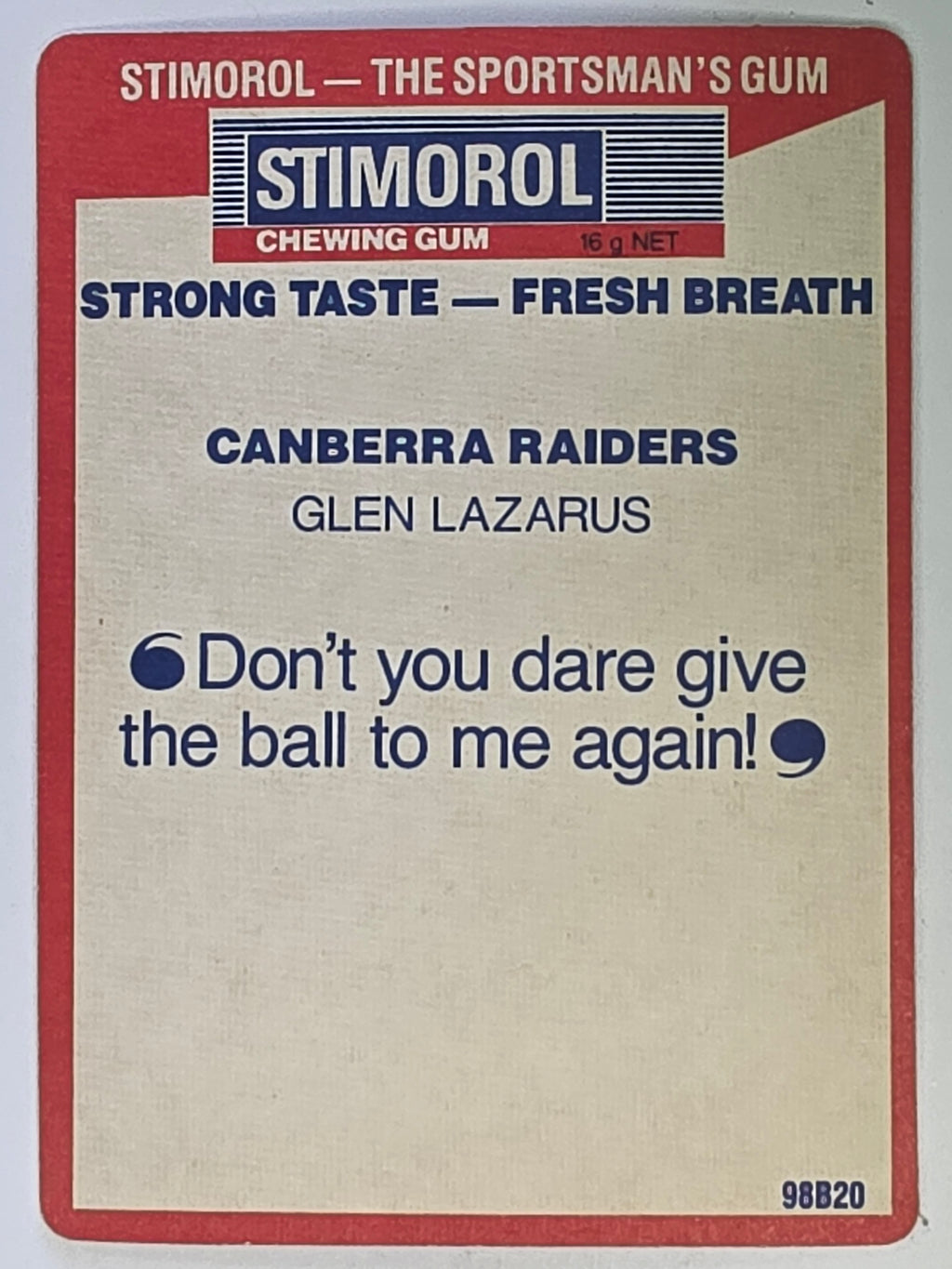 NRL 1990 Stimorol | Base Card #007 | Glenn Lazarus | Canberra Raiders
