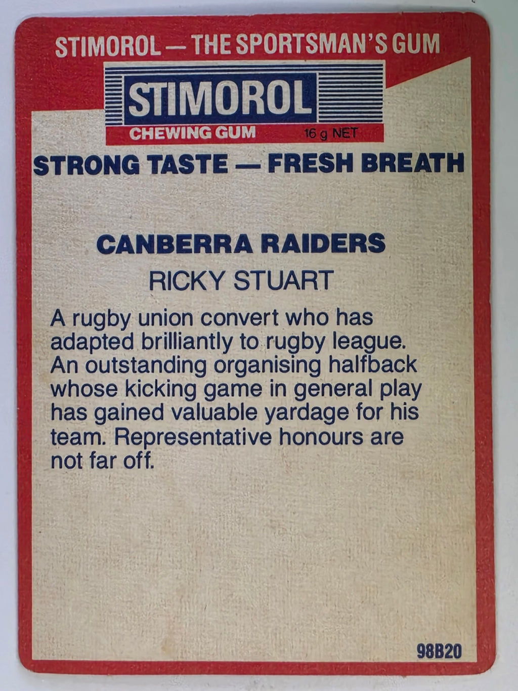 NRL 1990 Stimorol | Base Card #009 | Ricky Stuart | Canberra Raiders